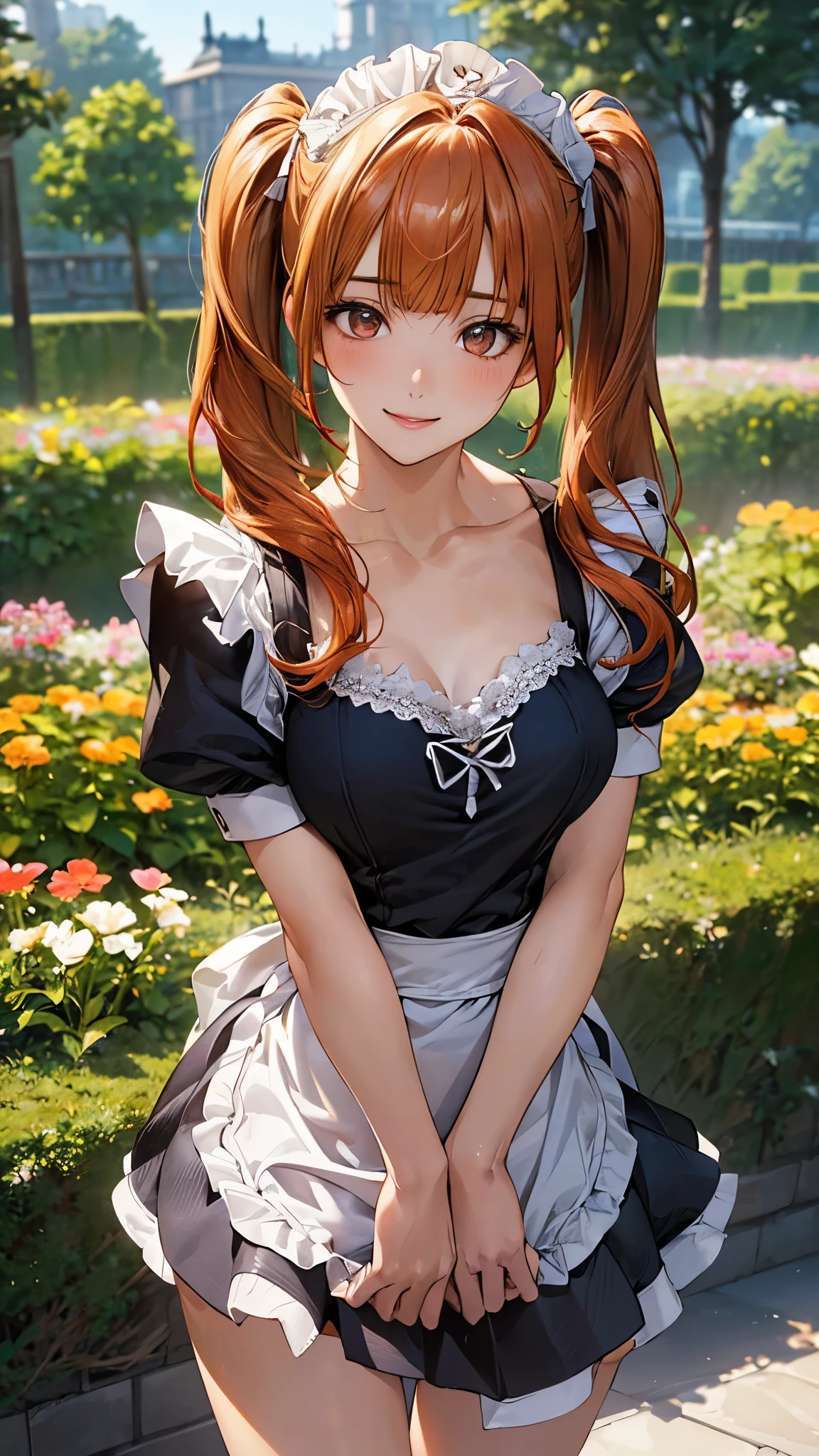 best quality, (masterpiece:1.3), absurdres, highres,16k, ultra high res, official art, illustration,extremely detailed, 1girl, solo, full body, 20yo,
delicate lines tailed face, (medium hair:1.5), (beautiful orange hair:1.2), (shiny hair:1.2), (beautiful black eyes:1.2), (shiny eyes:1.2), (large breasts), (gleaming skin:1.4),
looking at viewer, simple background, cowboy shot,
standing, (put hands own chest:1.2),
smile,
(sleeveless shirt),
break
(frilled skirt:1.2)