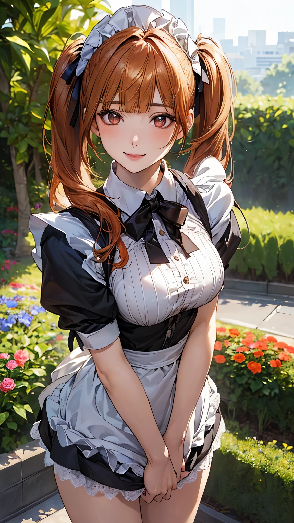 (masterpiece:1.2, top-quality), (realistic, photorealistic:1.4), beautiful illustration, (natural side lighting, movie lighting), nsfw,
looking at viewer, 1 girl, japanese, high school girl, perfect face, cute and symmetrical face, shiny skin,
(middle hair:1.5, twintails:1.2, orange hair), blunt bangs, gold eyes, drooping eyes, long eye lasher, (large breasts:0.6),
beautiful hair, beautiful face, beautiful detailed eyes, beautiful clavicle, beautiful body, beautiful chest, beautiful thighs, beautiful legs,
((french maid)),
(beautiful scenery), flower garden, modern, standing, (lovely smile, upper eyes),