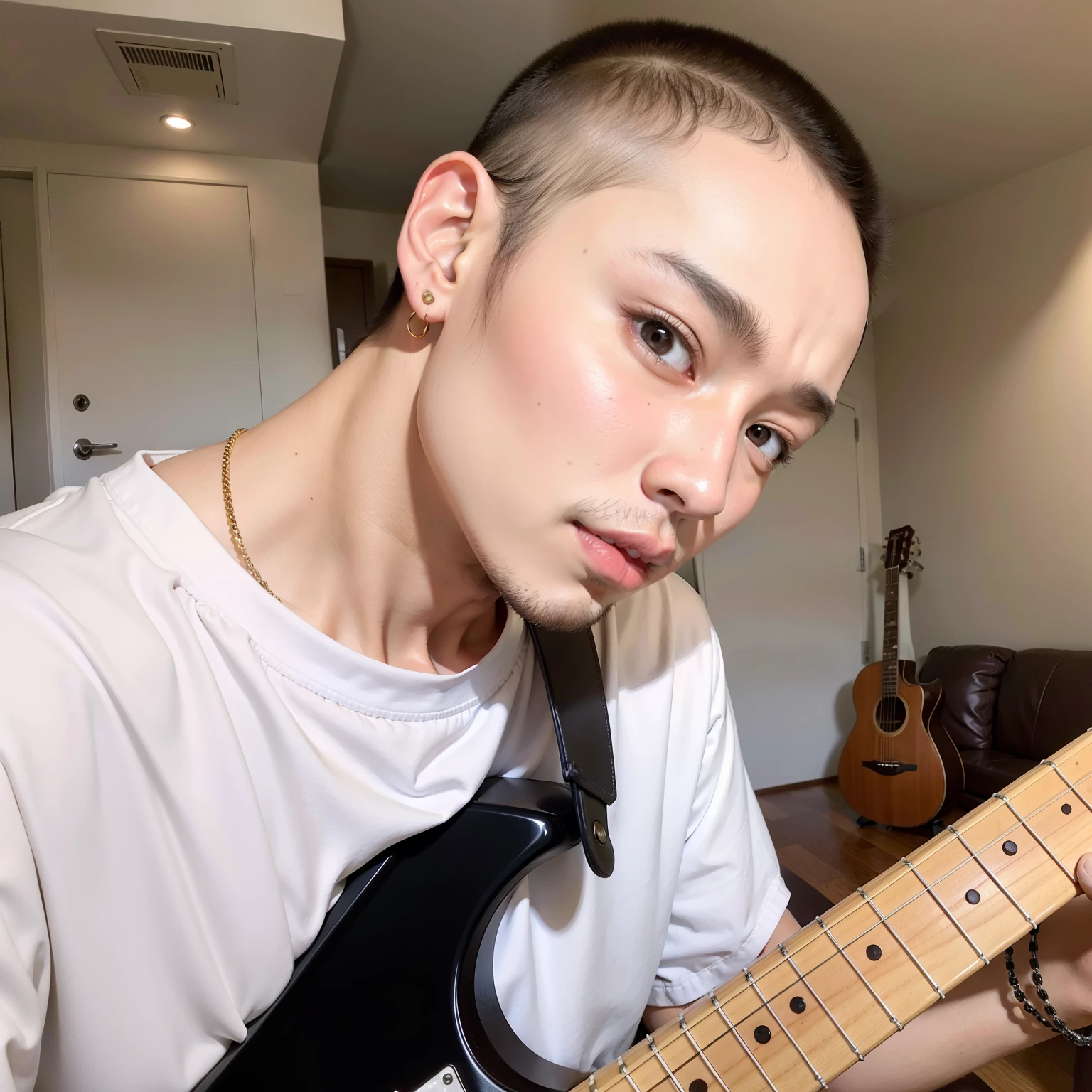 plucked man with a guitar in a room with a sofa, cai xukun, portrait of jossi do blackpink, Hong junho hyung, hyung tae, taejune kim, jossi do blackpink, Yanjun Chengt, inspirado em Yanjun Cheng, capturado em canon eos r 6, cabelo raspado, inspirado em jeonseok lee, inspirado em Chen Daofu