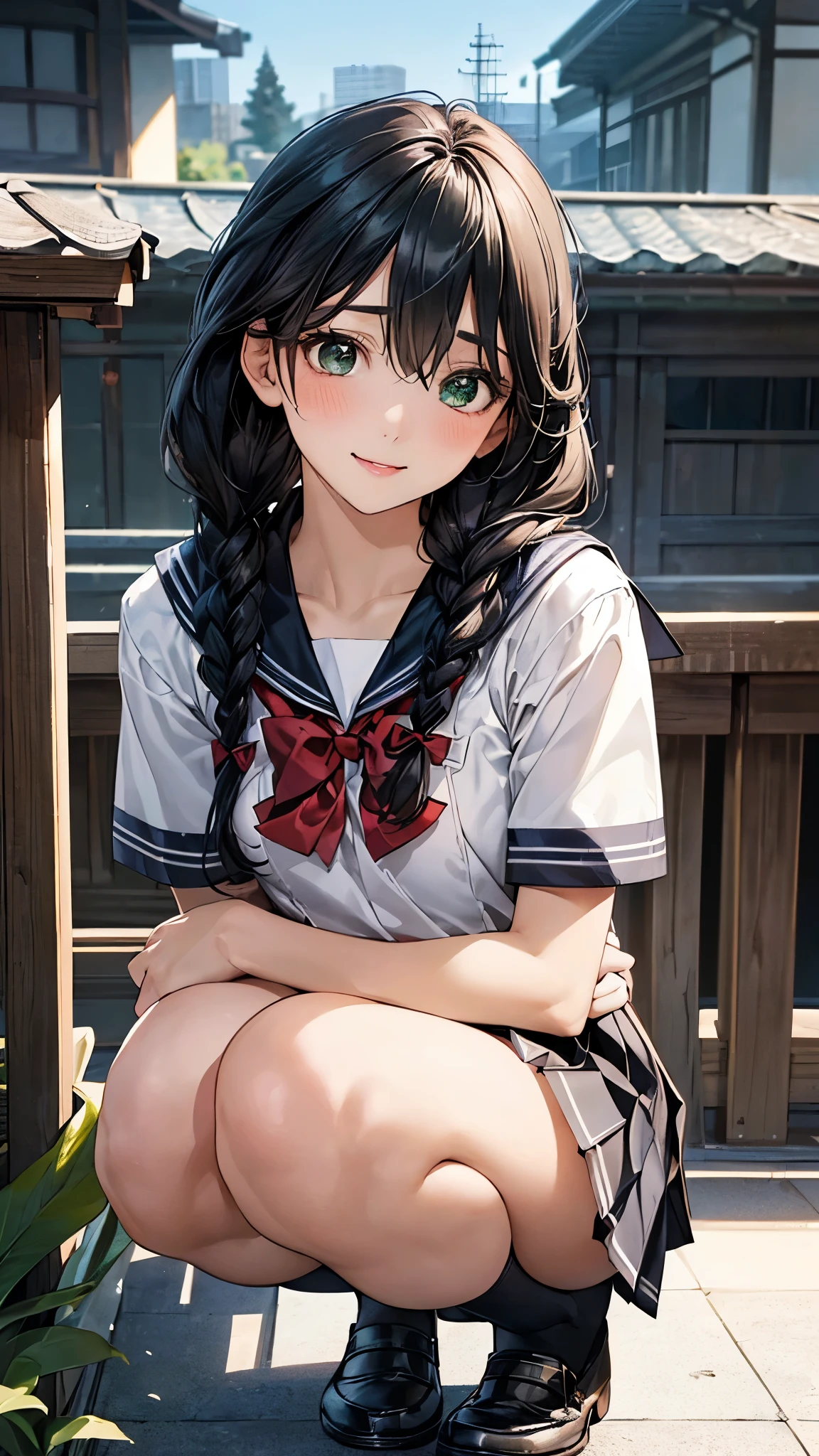 (masterpiece:1.2, top-quality), (realistic, photorealistic:1.4), beautiful illustration, (natural side lighting, movie lighting), nsfw, 
looking at viewer, panty shot, front view:0.6, 1 girl, japanese, high school girl, perfect face, cute and symmetrical face, shiny skin, 
(middle hair:1.4, twin braids:1.2, black hair), hair between eyes:1.5, hair over one eye:1.1, big eyes, emerald green eyes, drooping eyes, long eye lasher, (large breasts:0.6), 
beautiful hair, beautiful face, beautiful detailed eyes, beautiful clavicle, beautiful body, beautiful chest, beautiful thighs, beautiful legs, 
((symmetrical clothing, detailed cloth texture, short sleeves cute sailor suit, pleated skirt, red bow tie)), black socks, hair tie,
(beautiful scenery), morning, school rooftop, squatting, (lovely smile, upper eyes), 