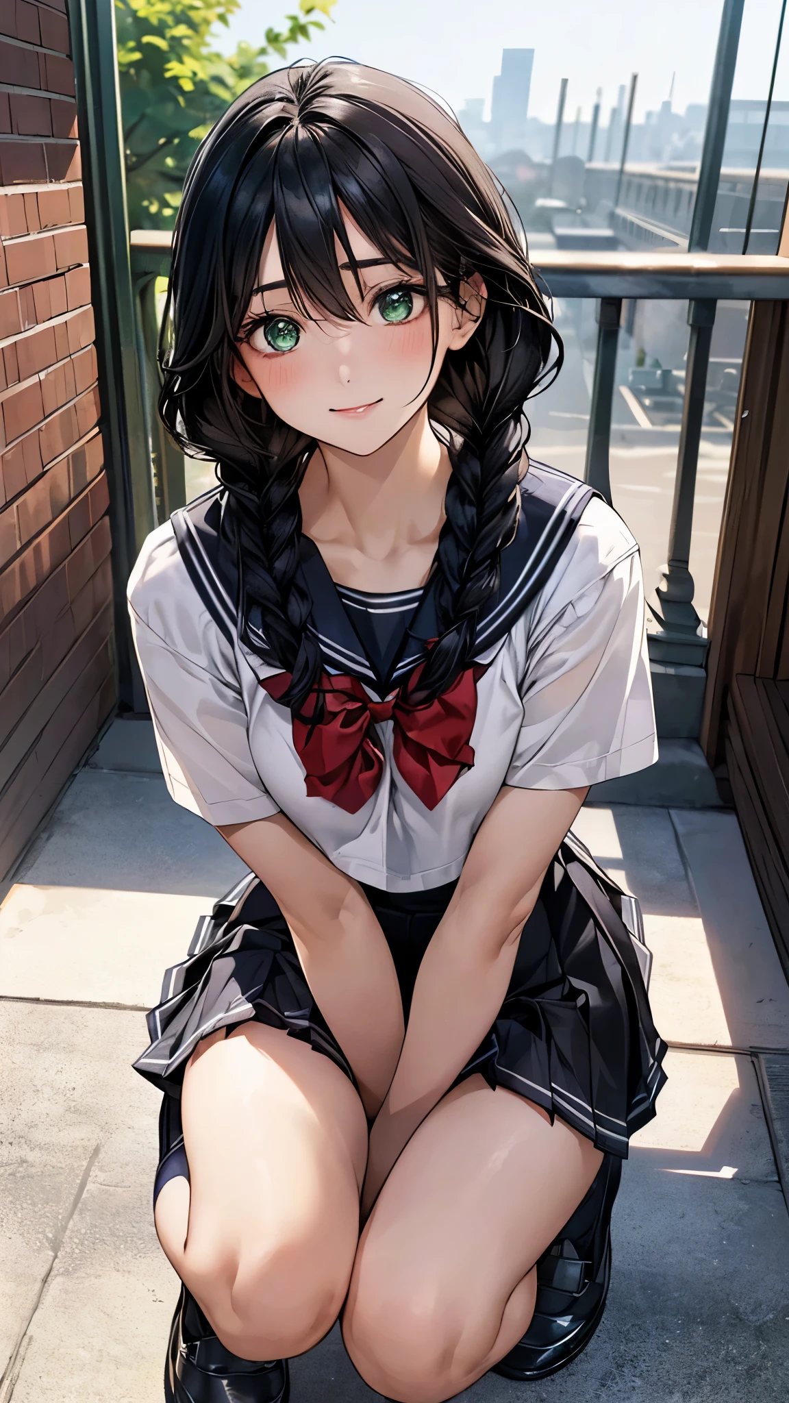 (masterpiece:1.2, top-quality), (realistic, photorealistic:1.4), beautiful illustration, (natural side lighting, movie lighting), nsfw,
looking at viewer, panty shot, front view:0.6, 1 girl, japanese, high school girl, perfect face, cute and symmetrical face, shiny skin,
(middle hair:1.4, twin braids:1.2, black hair), hair between eyes:1.5, hair over one eye:1.1, big eyes, emerald green eyes, drooping eyes, long eye lasher, (large breasts:0.6),
beautiful hair, beautiful face, beautiful detailed eyes, beautiful clavicle, beautiful body, beautiful chest, beautiful thighs, beautiful legs,
((symmetrical clothing, detailed cloth texture, short sleeves cute sailor suit, pleated skirt, red bow tie)), black socks, hair tie,
(beautiful scenery), morning, school rooftop, squatting, (lovely smile, upper eyes),