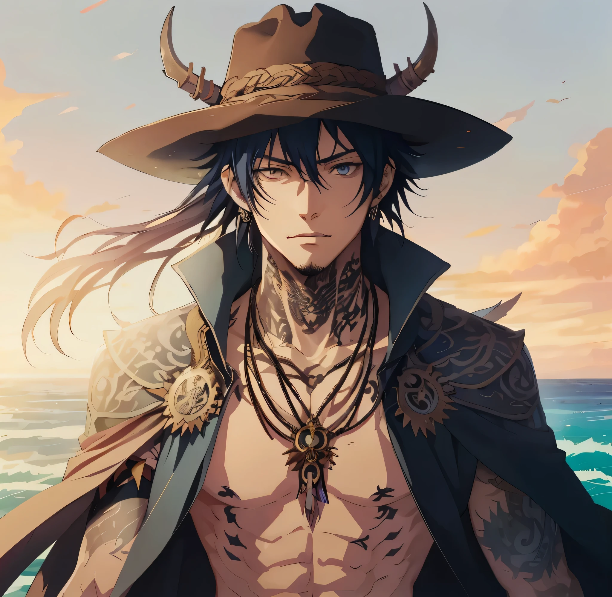 anime man with tattoos and a sword in front of a cloudy sky, Anime Tribal Boy com cabelo longo, cara bonito na arte demon slayer, handsome japanese demon boy, Deus masculino bonito da morte, personagem de anime masculino, arte detalhada do personagem de anime, anime em estilo fantasia, homem bonito anime, 2. 5 d cgi anime fantasia arte, badass anime 8 k