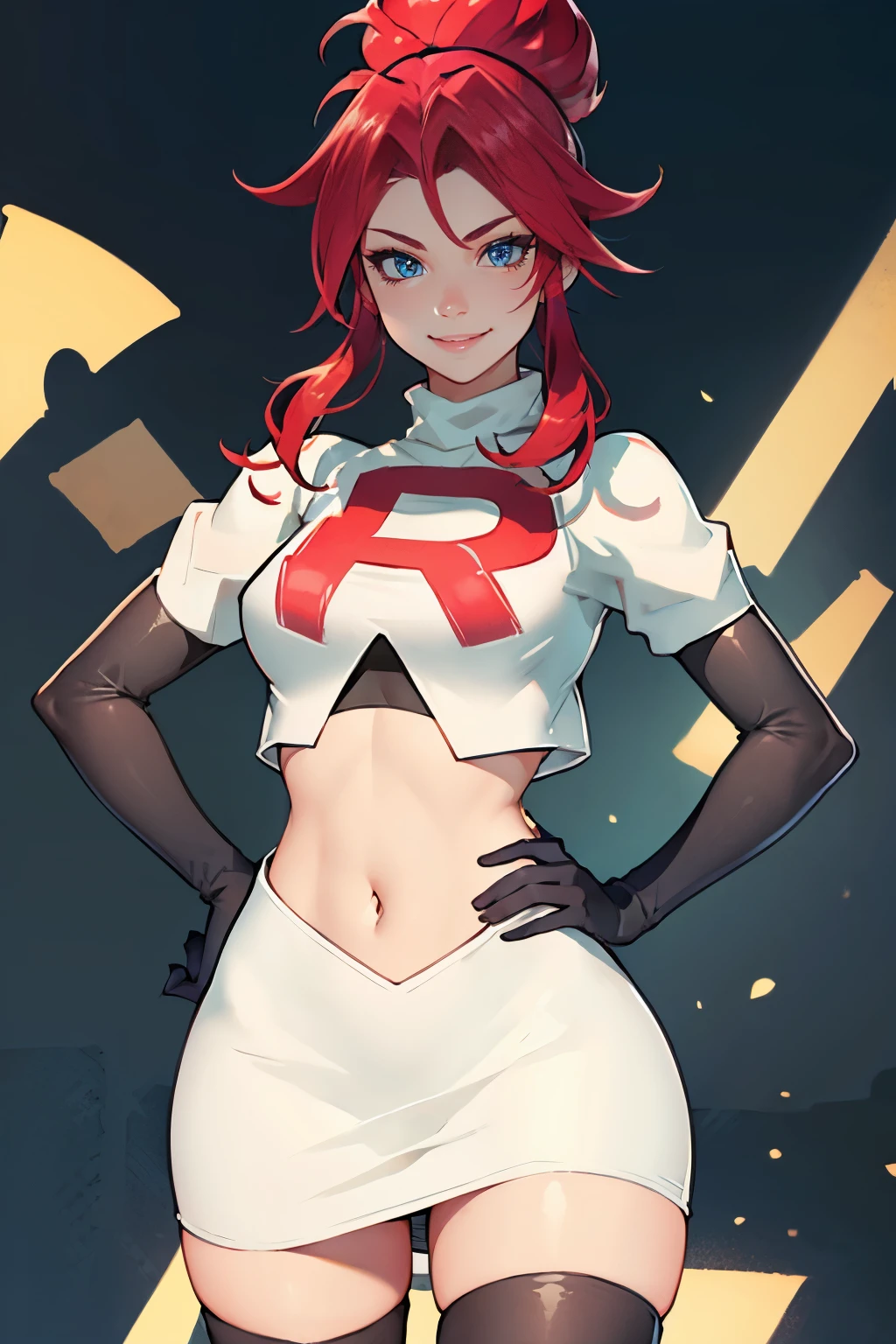 face of korsica,glossy lips ,team rocket uniform, red letter R, white skirt,white crop top,black thigh-high boots, black elbow gloves, smile, hands on hips