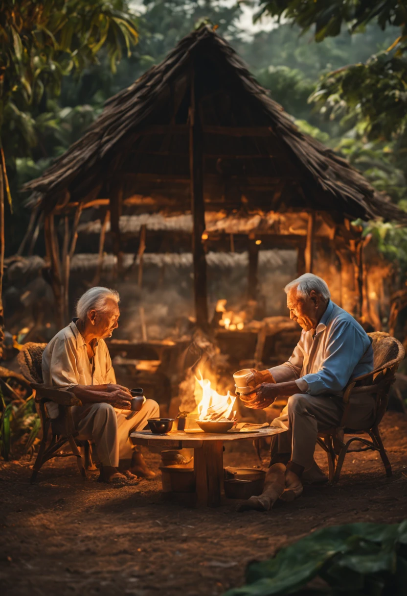 Make a fire and boil water with a kettle. Two elderly people sitting and sipping coffee on Louie chairs.(luxurious)In front of the hut, the atmosphere in the banana orchard at 5:00 a.m.:00 hrs.. Clear color images, realistic 3D images