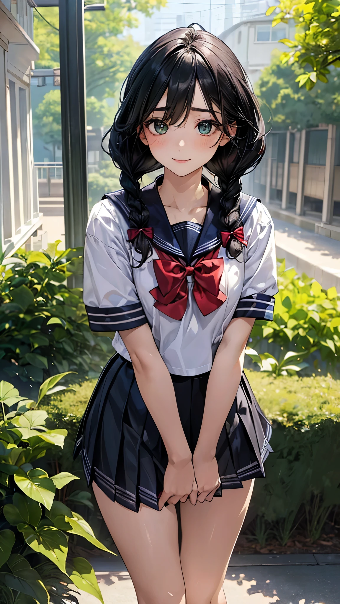 (masterpiece:1.2, top-quality), (realistic, photorealistic:1.4), beautiful illustration, (natural side lighting, movie lighting), nsfw,
looking at viewer, panty shot, front view:0.6, 1 girl, japanese, high school girl, perfect face, cute and symmetrical face, shiny skin,
(middle hair:1.4, twin braids:1.2, black hair), hair between eyes:1.5, hair over one eye:1.1, big eyes, emerald green eyes, drooping eyes, long eye lasher, (large breasts:0.6),
beautiful hair, beautiful face, beautiful detailed eyes, beautiful clavicle, beautiful body, beautiful chest, beautiful thighs, beautiful legs,
((symmetrical clothing, detailed cloth texture, short sleeves cute sailor suit, pleated skirt, red bow tie)), black socks, hair tie,
(beautiful scenery), morning, flower garden, walking, (lovely smile, upper eyes),