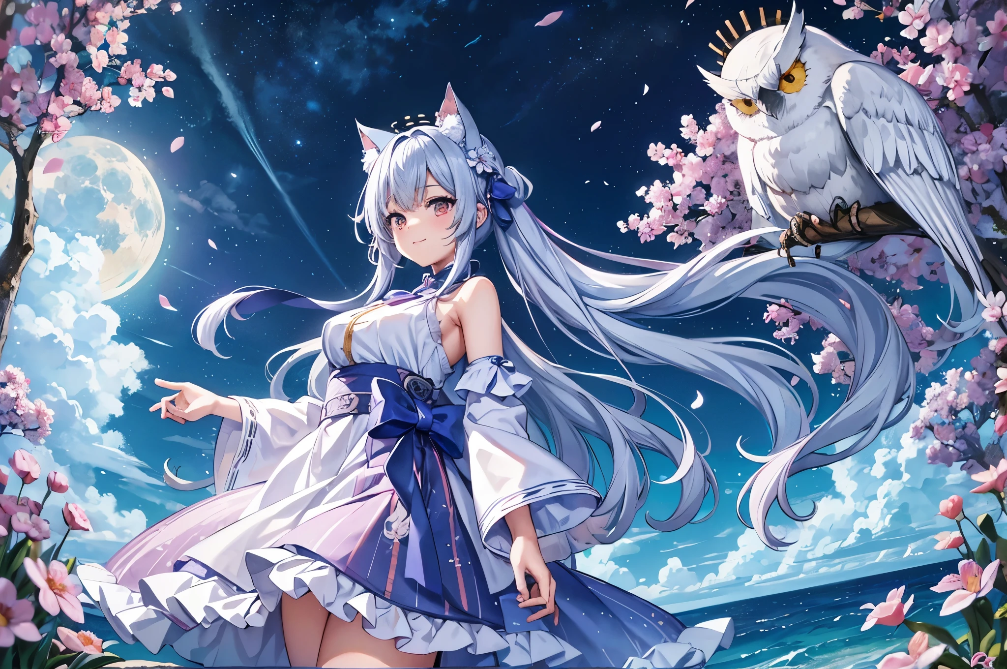 Girl Standing In The Middle. adorable smile、
light blue long hair、The hairstyle is twin tails、
A big white owl watches from the sky、If the sea of flowers were as beautiful as a dream, Then the girl was the dream of all beautiful dreams.

sheの目はsheの歯と同じくらい輝いていました. she&#39;At first glance it looks like a countryside、、、、、々There was a look of destruction in his eyes......... sheの肌は翡翠のように完璧だった, and soft like a flower. sheを妖精の化身と呼ぶのはsheにとって侮辱だろう...... she was a peerless beauty who could bend even flowers....., And the moon hides shyly.