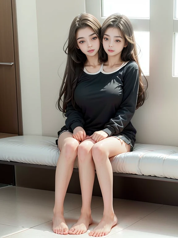 2heads, two headed girl, ( girl:1.5), (female:1.5), (two heads attached to one body:1.4), conjoined twins, heads side by side, one torso, young, uncomfortable, barefoot
