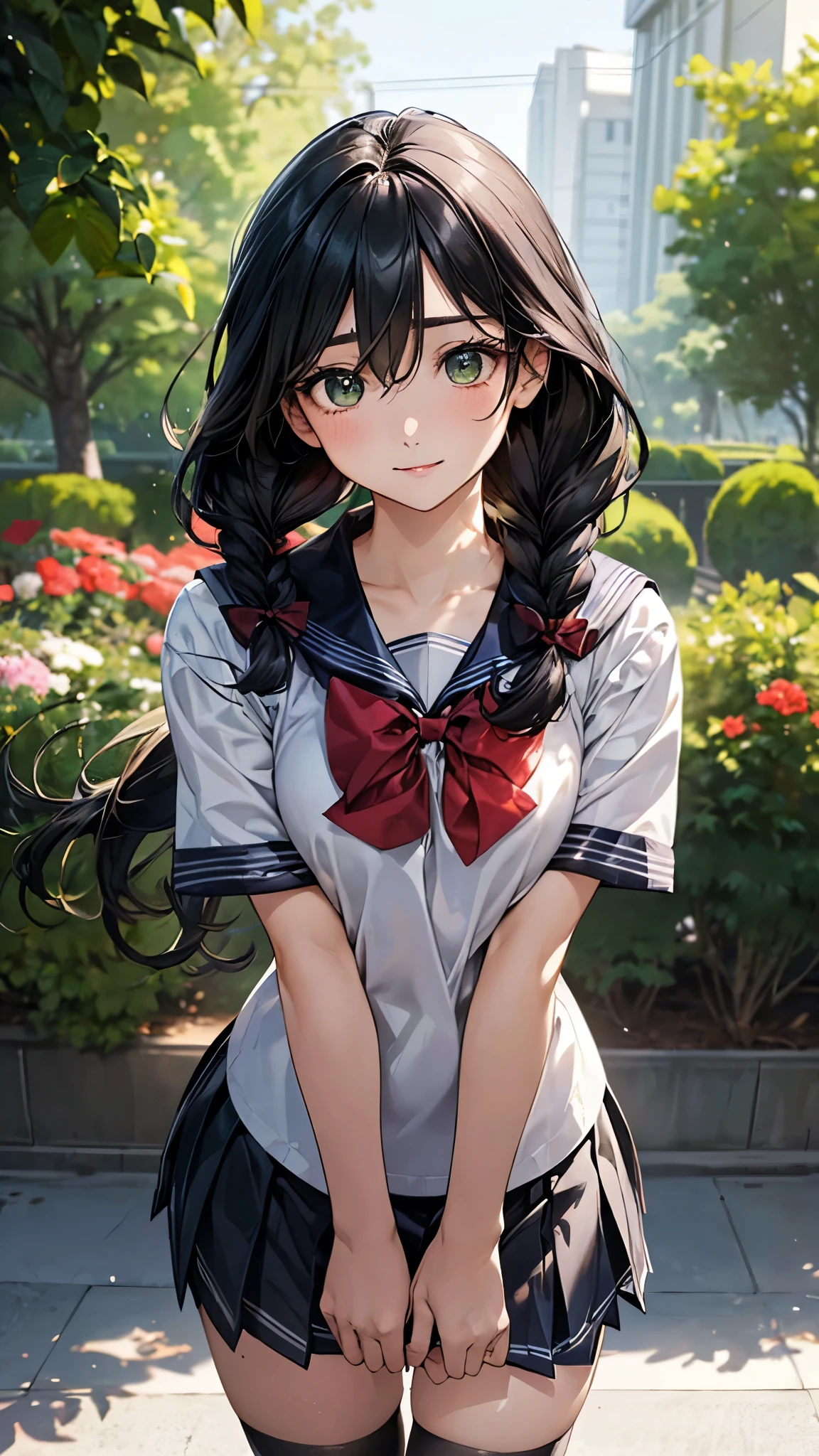(masterpiece:1.2, top-quality), (realistic, photorealistic:1.4), beautiful illustration, (natural side lighting, movie lighting), nsfw,
looking at viewer, panty shot, front view:0.6, 1 girl, japanese, high school girl, perfect face, cute and symmetrical face, shiny skin,
(middle hair:1.4, twin braids:1.2, black hair), hair between eyes:1.5, hair over one eye:1.1, big eyes, emerald green eyes, drooping eyes, long eye lasher, (large breasts:0.6),
beautiful hair, beautiful face, beautiful detailed eyes, beautiful clavicle, beautiful body, beautiful chest, beautiful thighs, beautiful legs,
((symmetrical clothing, detailed cloth texture, short sleeves cute sailor suit, pleated skirt, red bow tie)), black socks, hair tie,
(beautiful scenery), morning, flower garden, walking, (lovely smile, upper eyes),
