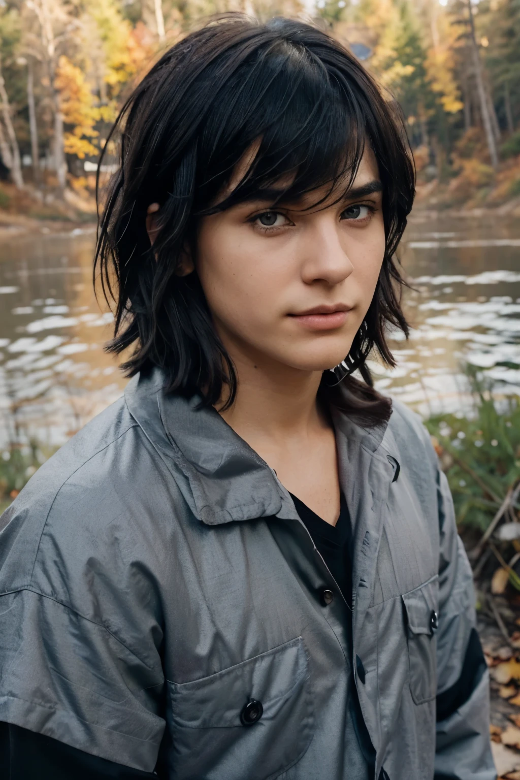 young, charming guy, adult, Black hair (long bangs, short side hair, tousled hair), sweet, gentle and well-groomed face, lean, grey-blue eyes, eyes outlined with black eyeliner, lip piercing, background (nature, autumn, the forest, lake, camp fire), serious expression (not smiling), emo, Oversized clothes, European appearance, Dane