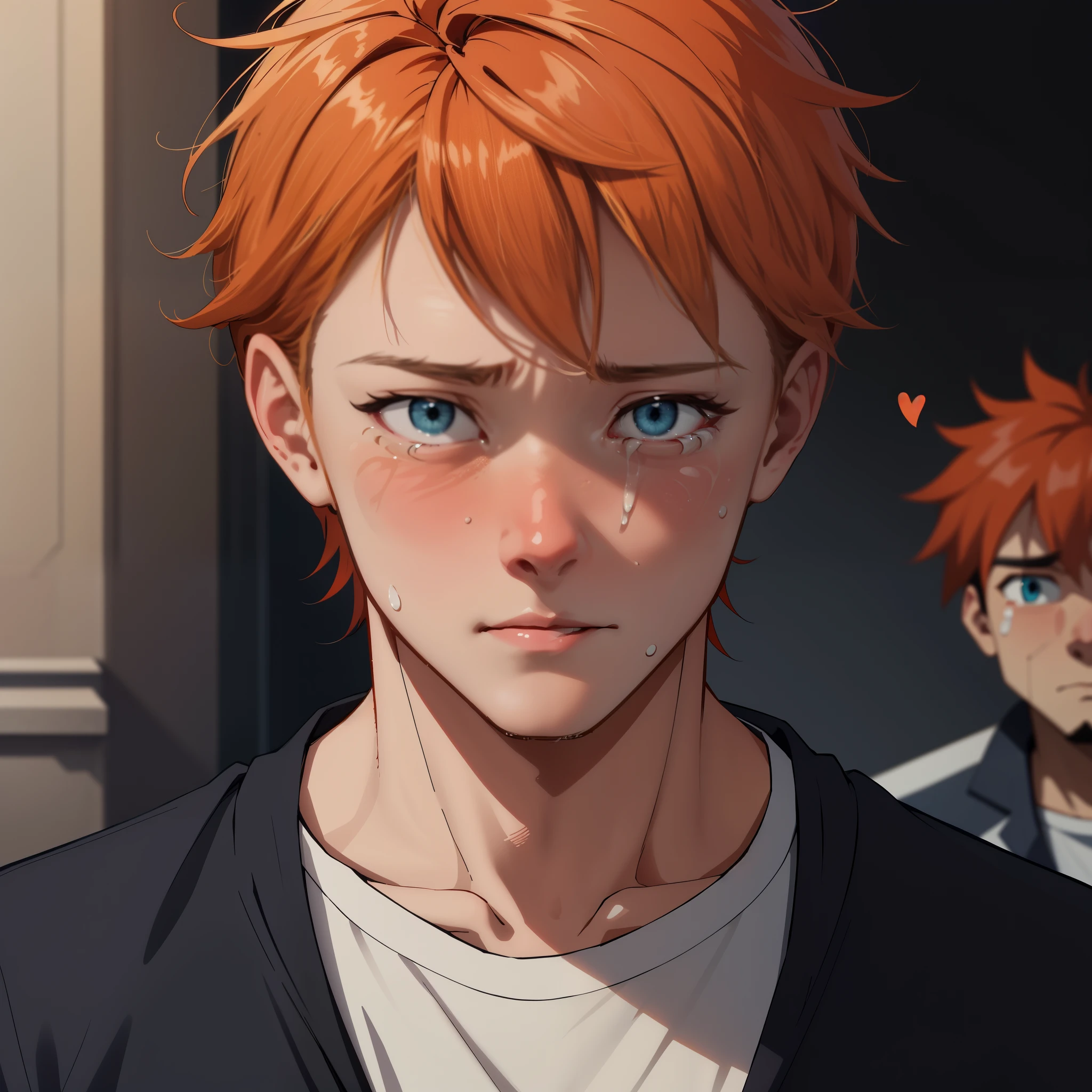 Orange-haired -yeld cr with sadness because his friend has died