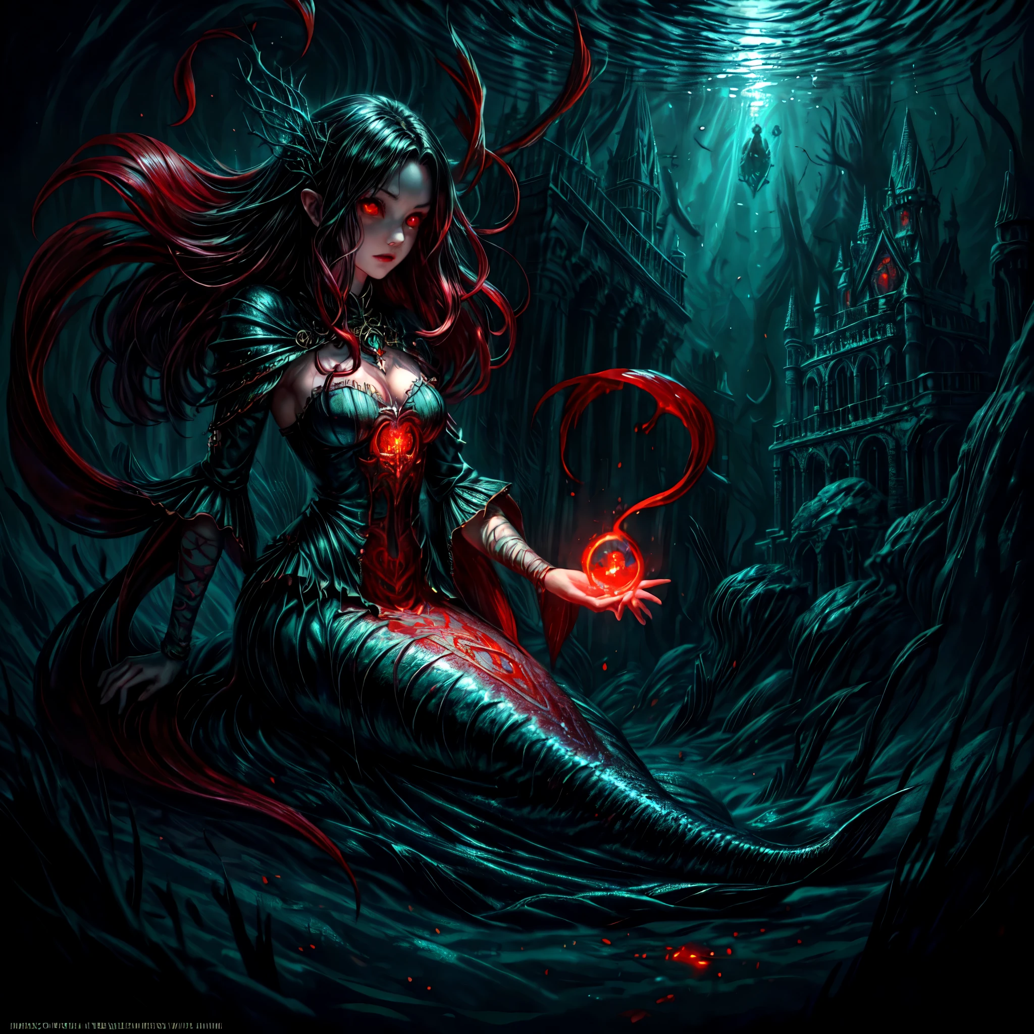 high details, best quality, 16k, [ultra detailed], masterpiece, best quality, (extremely detailed), full body, ultra wide shot, RAW, photorealistic, dark fantasy art, dnd art, rpg art, realistic art, an ultra wide picture of a vampiric mermaid (1.5 intricate details, Masterpiece, best quality) blood mage casting ((blood control spell)), blood wizard ((blood magic, intense magic details)), ((controlling a swirling mass of blood)) underwater, magical symbols GlowingRunes_pink, female vampiric mermaid, pale skin, black hair, long hair, swirling hair, lower body tail fin, intense eyes, red eyes, small (( red eyes)), ((glowing eyes)), wearing sea shell clothing, beautiful dark mermaid, underwater background, rich underwater life, ((magical atmosphere)), fish and sea weeds, high details, best quality, highres, ultra wide angle