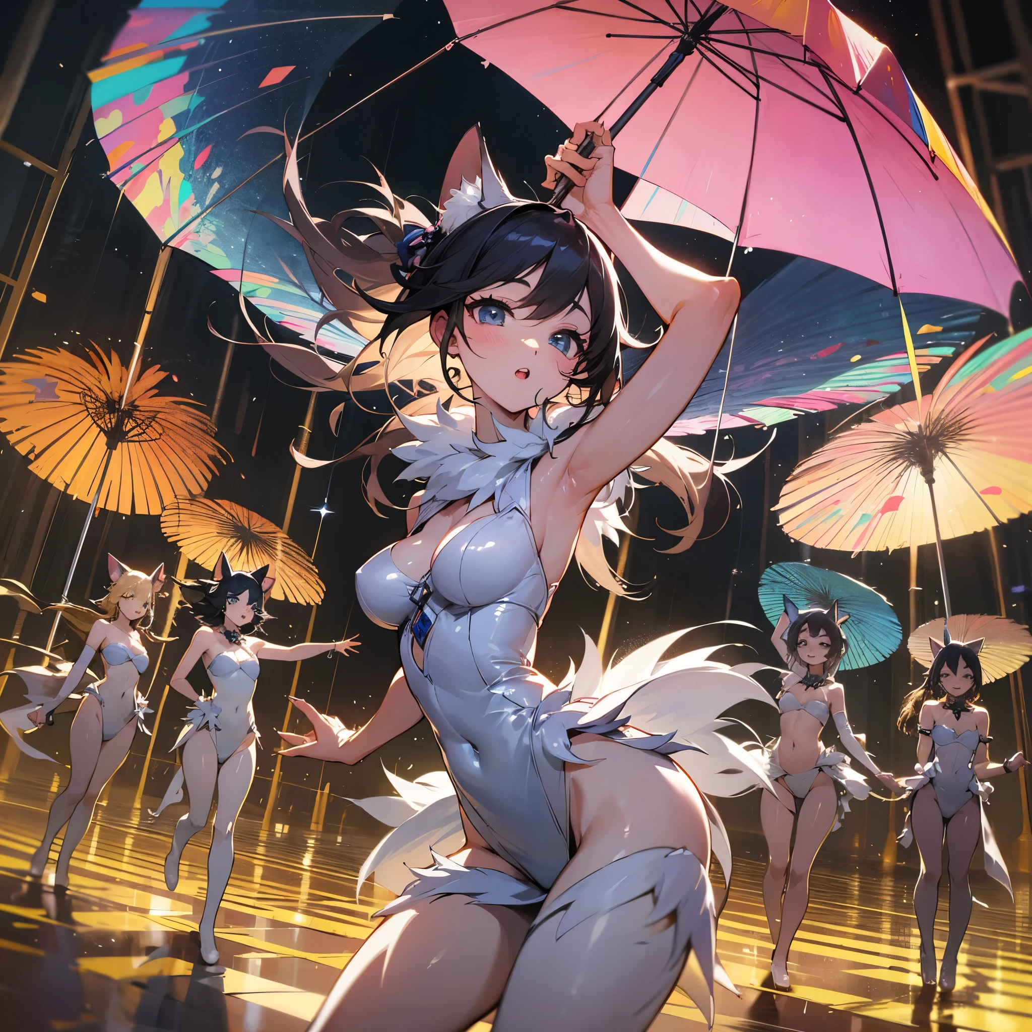 top quality, best quality, High-quality illustrations, masterpiece, super high resolution, detailed background, ballet, Singin' in the Rain, show, 6+boys, 6+girls, absurdres(highly detailed beautiful face and eyes)perfect anatomy, expression, good lighting, cinematic shadow(kemono, furry anthro)assorted poses, dynamic angle,