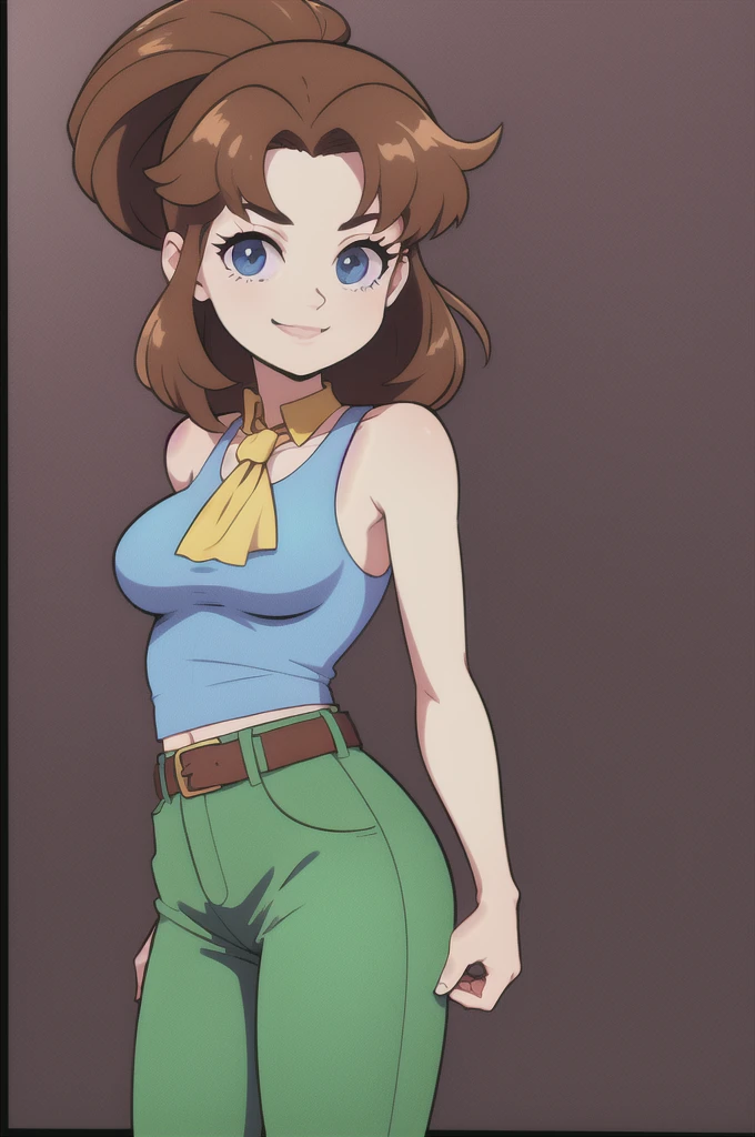 80's anime style, brown hair, ponytail, blue eyes, bare arms, ascot, belt, yellow tank top, green pants, park background, smile, looking at viewer, cowboy shot, standing up, best quality, 1 girl, solo