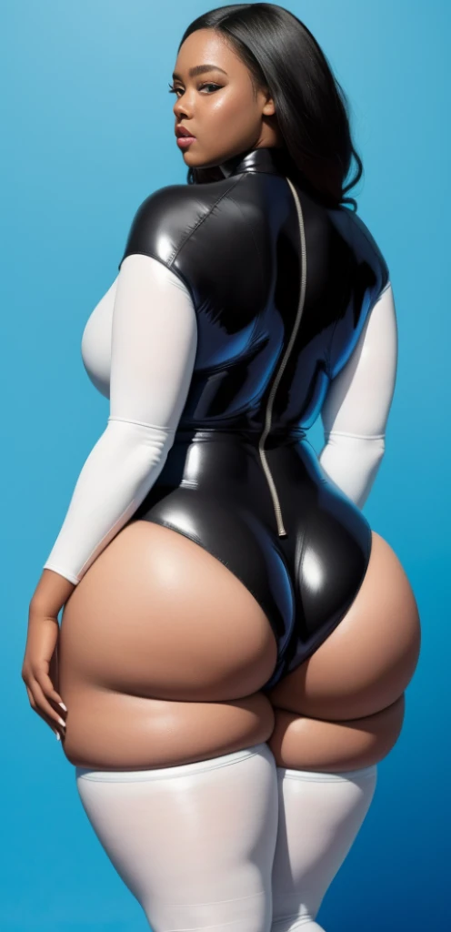 "An ultra-detailed 8k masterpiece of better quality and high saturation well focused. The image features an outfit illustration featuring a beautiful plus size black woman wearing a super tight sexy white LEATHER BODYSUIT, including a blue background, long legs, CLEAVAGE:1.3, FROM BACK:1.3."