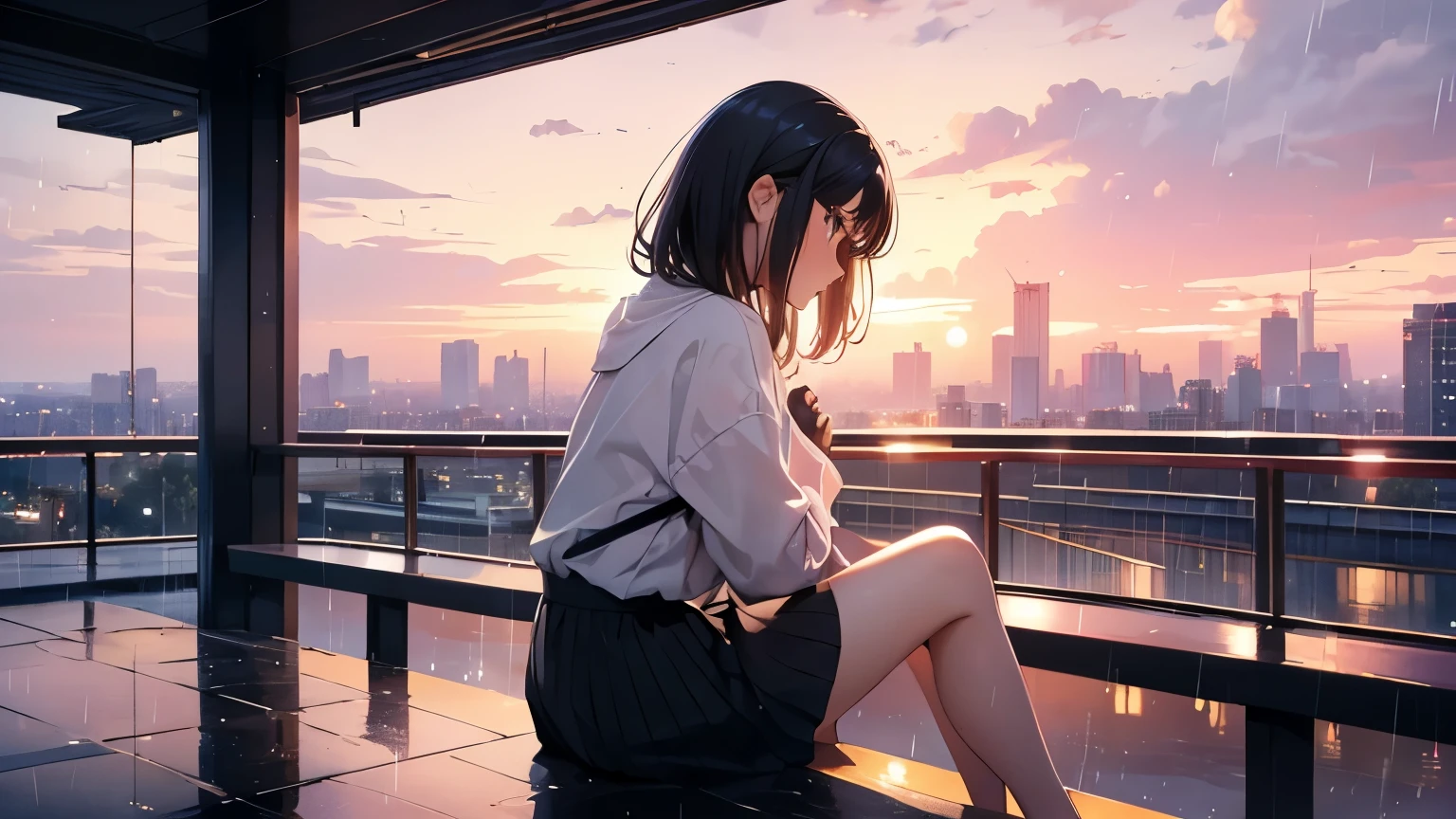 in the rain、raindrop、twilight、park observation deck、sit on the edge、girl、Profile、light pink sky、firmament、dusk、black hair、high school girl、one person、body whole、looking at the city