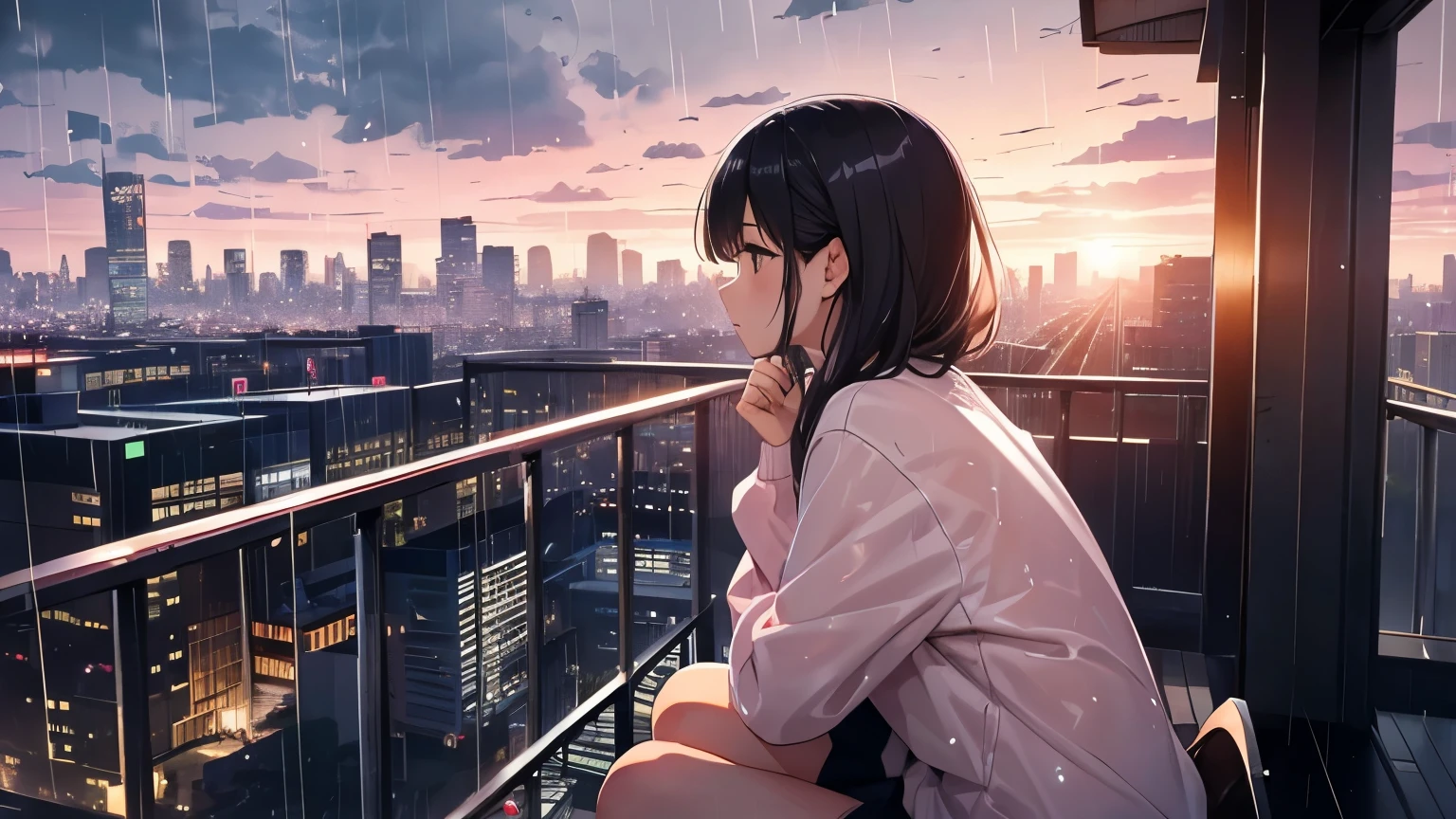 in the rain、raindrop、twilight、park observation deck、sit on the edge、girl、Profile、light pink sky、firmament、dusk、black hair、high school girl、one person、body whole、looking at the city