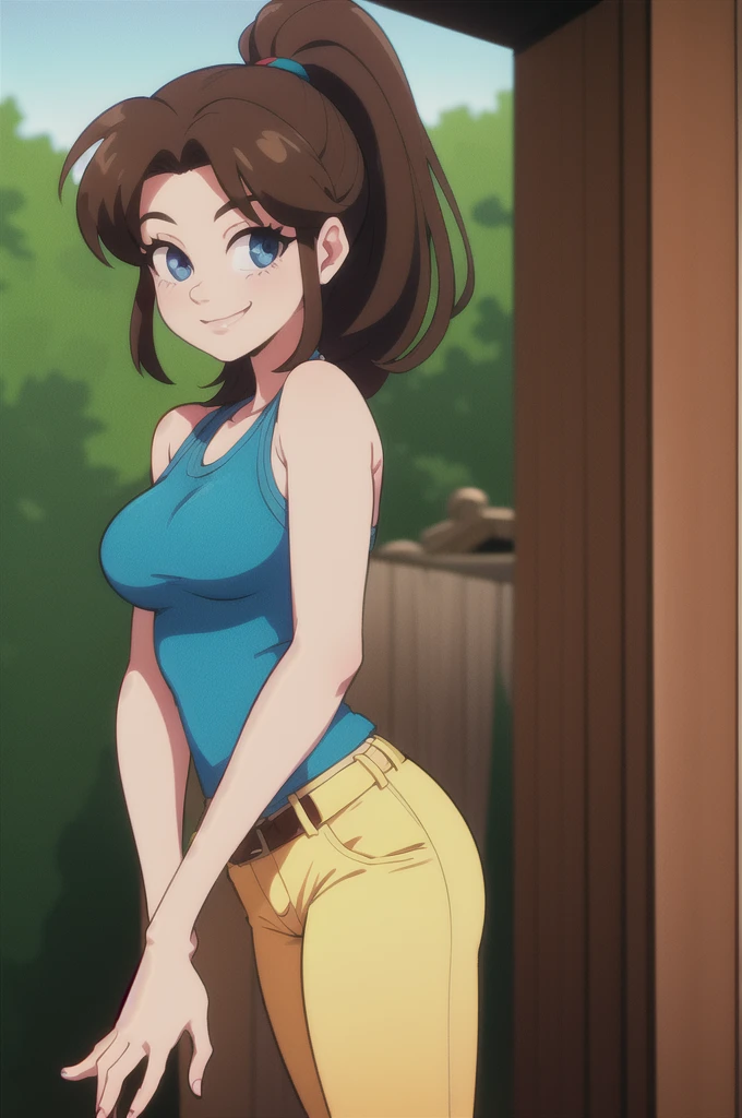 80's anime style, brown hair, ponytail, blue eyes, bare arms, ascot, belt, yellow tank top, green pants, park background, smile, looking at viewer, cowboy shot, standing up, best quality, 1 girl, solo.