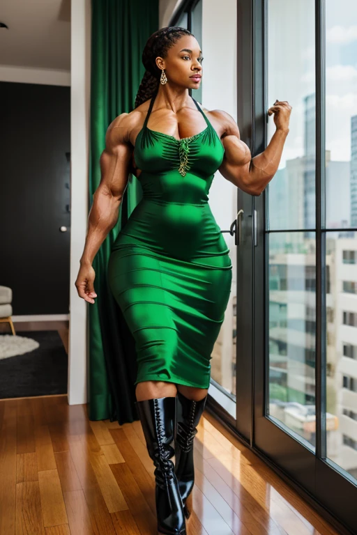 a light skinned, 40 year old, black woman bodybuilder, big muscles, french braid brunette hair, (big thighs:1.0), (green silk ball gown dress), latex boots, straight face, walking inside apartment next to curtain window, (full body shot)