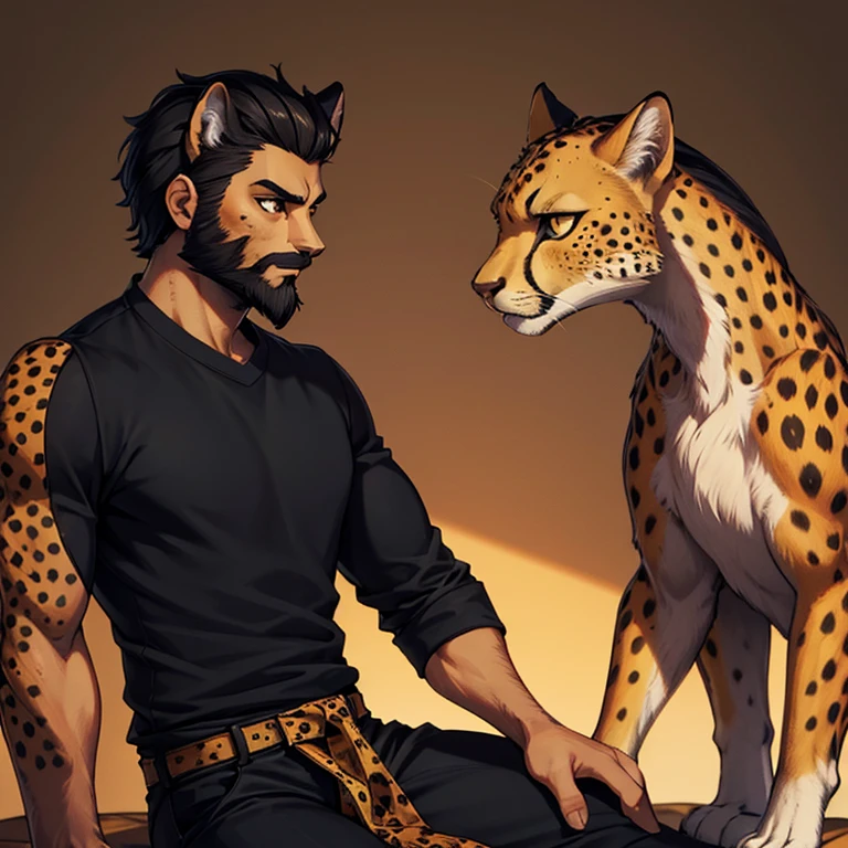 Cheetah-human, cheetah head, cheetah face, male, hair, black hair, informal clothes, antro, solo, non-human, hair, beard, cheetah antro, black pants, black shirt, perfil, solo, old.