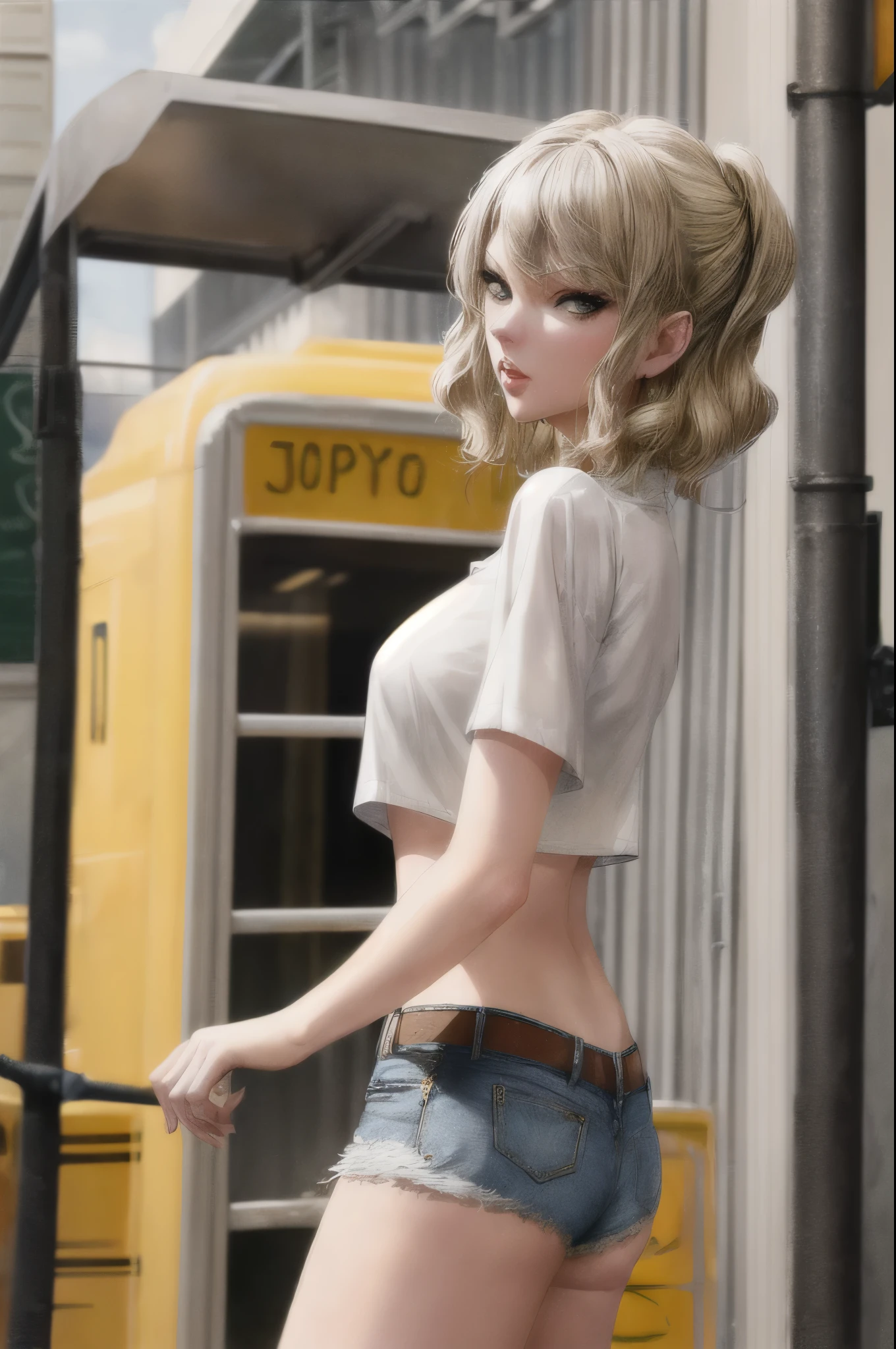 singer Taylor swift(age 30), she is dressed as a trailer park queen in daisy dukes and a revealing crop top, she is working a street corner waiting to get a John, she looks like a tweaker,