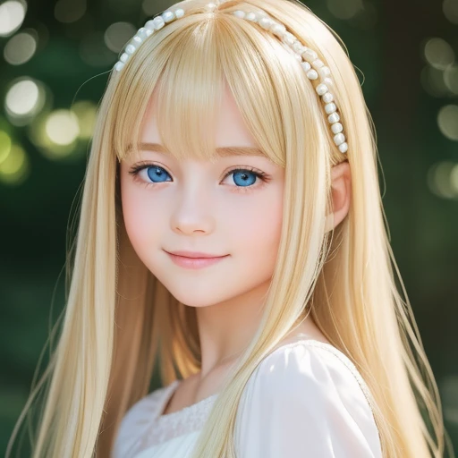 highest quality, masterpiece, ultra high resolution, (realistic:1.4), RAW photo, ((Super long silky bright pearl blonde hair))、Pretty bright marine blue eyes、10 year old adorable beautiful girl、cute face、long bangs between the eyes,、white and beautiful skin、glowing skin、gross face、cheek gloss、small face beauty、Big eyes、bright look、((Very happy smile))、Embarrassed blush