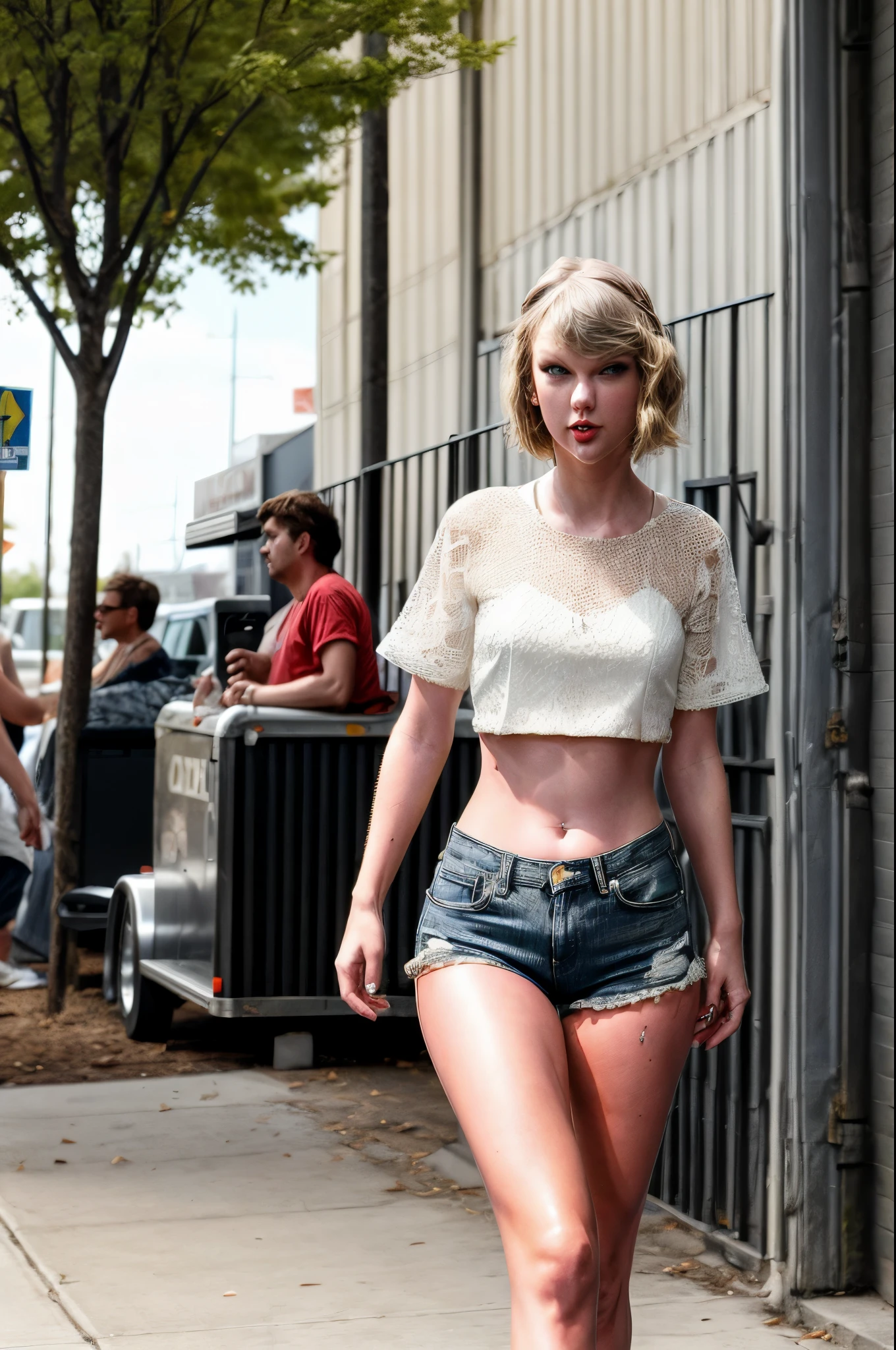 singer Taylor swift(age 30), she is dressed as a trailer park queen in daisy dukes and a revealing crop top, she is working a street corner waiting to get a John, she looks like a tweaker,