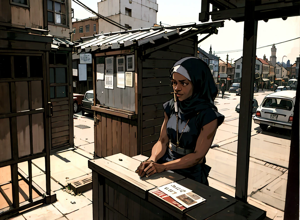 woman selling cigarettes from a cart in a street -([ viola davis]), wearing hijab , selling cigarettes on , poor girl, aden street background, dark place, sad, wide shot , shot from the third floor, (best quality), (high resolution),dutch angle,hyper detailed, solo, detailed_background, landscape, a street in aden in the 60's, wide shot