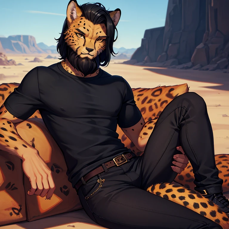 Cheetah-human, cheetah head, cheetah face, male, hair, black hair, clothes, antro, solo, non-human, hair, beard, cheetah antro, black pants, black shirt, solo,