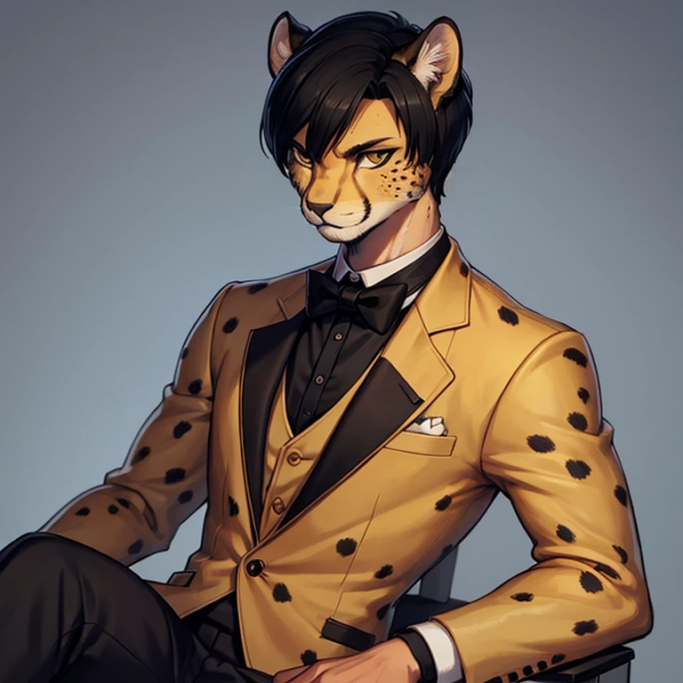 Cheetah-human, cheetah head, cheetah face, male, short hair, black hair, formal clothes, antro, solo, non-human, hair,