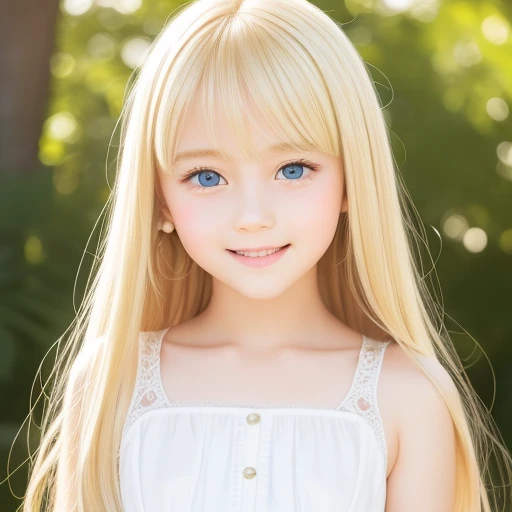 highest quality, masterpiece, ultra high resolution, (realistic:1.4), RAW photo, ((Super long silky bright pearl blonde hair))、Pretty bright marine blue eyes、10 year old adorable beautiful girl、cute face、long bangs between the eyes,、white and beautiful skin、glowing skin、gross face、cheek gloss、small face beauty、Big eyes、bright look、（（Very happy smile））、Embarrassed blush