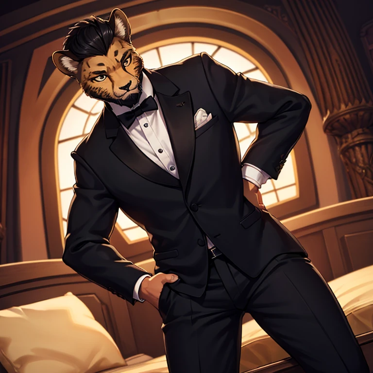 Cheetah-human, cheetah head, cheetah face, male, short hair, black hair, formal clothes, antro, solo, non-human, hair, beard,