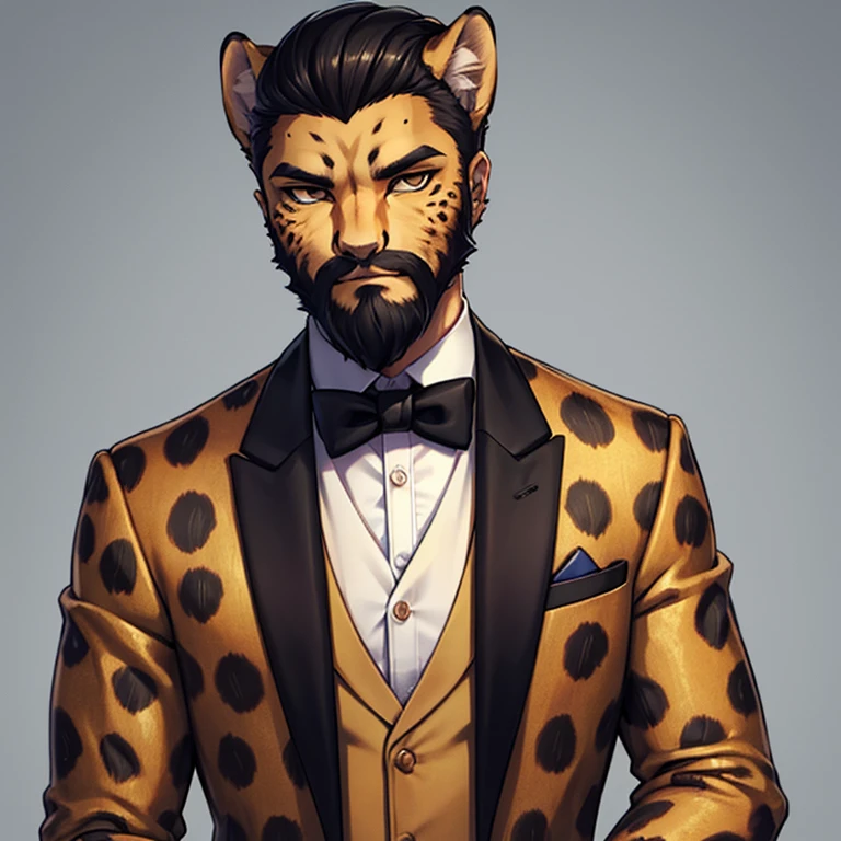 Cheetah-human, cheetah head, cheetah face, male, short hair, black hair, formal clothes, antro, solo, non-human, hair, beard, mature, cheetah antro.