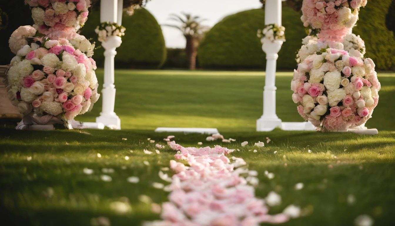wedding,Green lawn,nobody,no arch,White and pink flowers,White chair,Sunlight,Beautifully furnished,top quality, HD, intricate details, Feeling, 8k, Very detailed