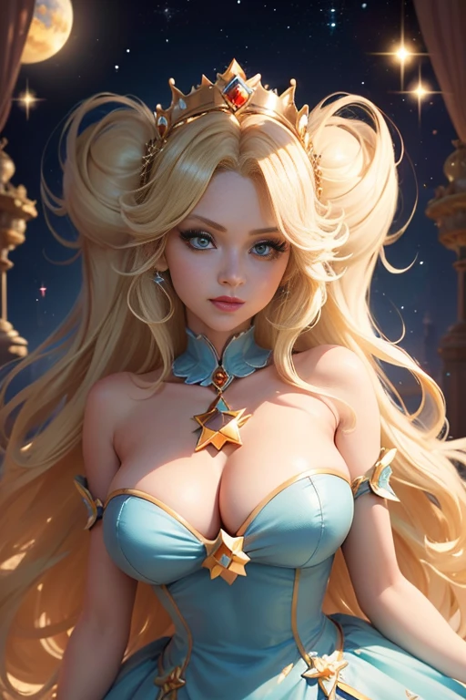 ((Princess Rosalina from super mario bros series))(she has big glowing blue eyes)(bright red lips) ((long blonde peekaboo hairstyle))(((hair hide one eye)))(dark eyeshadows make up)((very huge breasts)) (perfect slim body) ((wear aquamarine dress, gold crown)) (crown) ((posing sexy in cosmic castle)) (masterpiece, high definition, volumetric lights and dinamic shadows)((masterpiece))(8k)(perfect face)(ultra details) (perfect hands, eyes, and face) (luma star flying around)