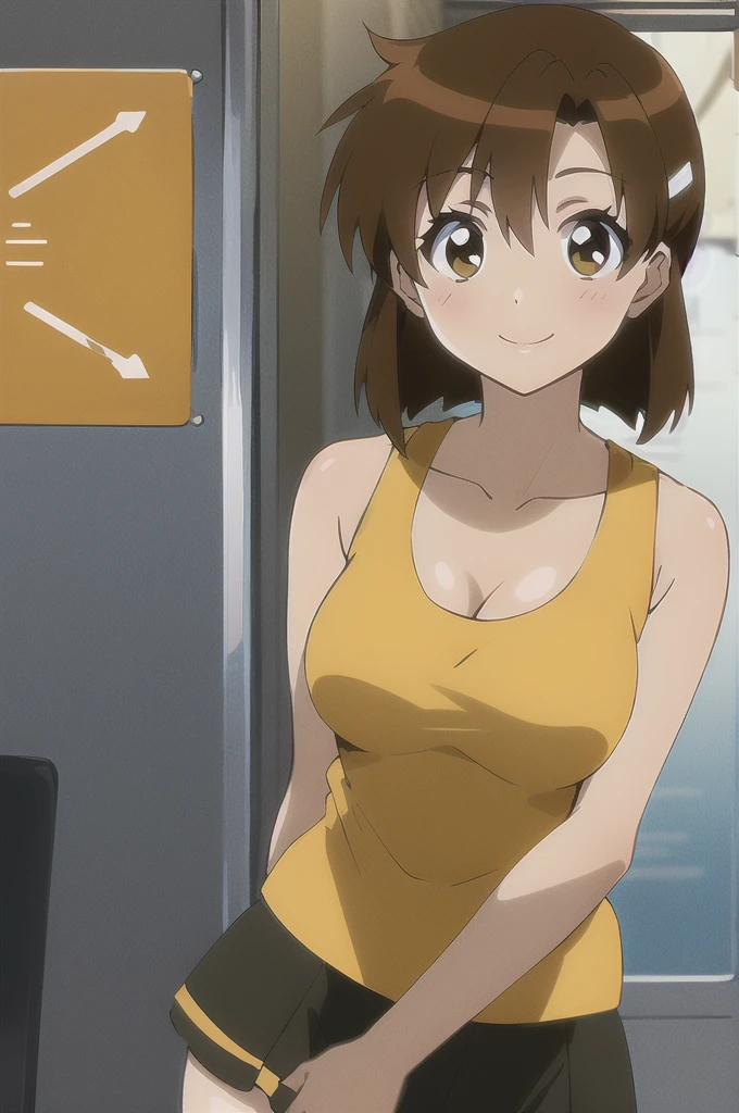 kirie, 1 girl, solo, yellow tank top, black skirt, smile, cleavage, bare shoulders, looking at viewers 