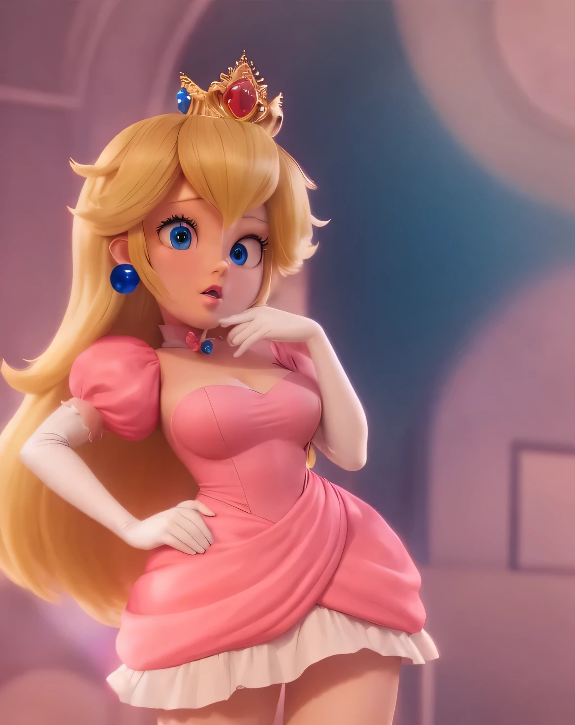 um close up de um personagem de desenho animado com um peito muito grande, Princess Peach), Princess Peach, portrait of princess peach, a human-like juicy peach, corpo perfeito sombreado realista, foto sexy do filme, imagem vazada, 8k render", renderizado em sfm, thicc, Imagens vazadas, Fofosexyrobutts, anime CGI, Disney fotorrealista |, pink iconic character,short dress