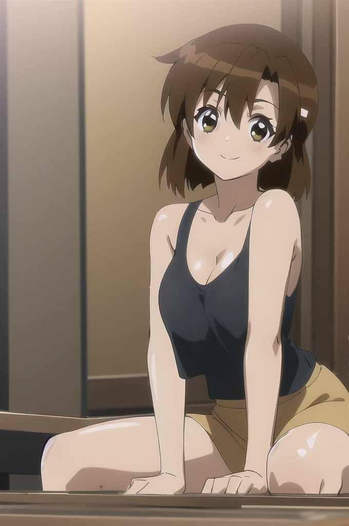 kirie, 1 girl, solo, yellow tank top, black skirt, smile, cleavage, bare shoulders, looking at viewers