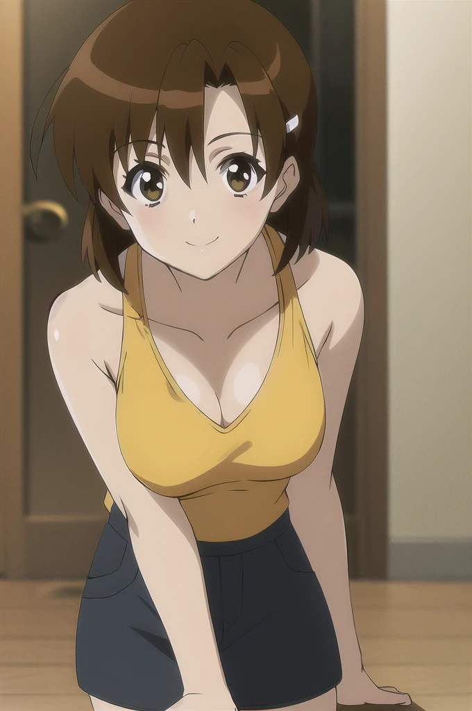 kirie, 1 girl, solo, yellow tank top, black skirt, smile, cleavage, bare shoulders, looking at viewers