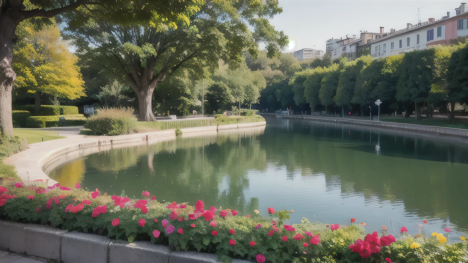 photograph of an immense and beautiful lake with calm blue waters that captures specular reflections of the gardens with colorful flowers, Calles, edificios modernos alrededor. Se observan palomas blancas volando a lo lejos, and families walking on a sunny day, hiperrealista