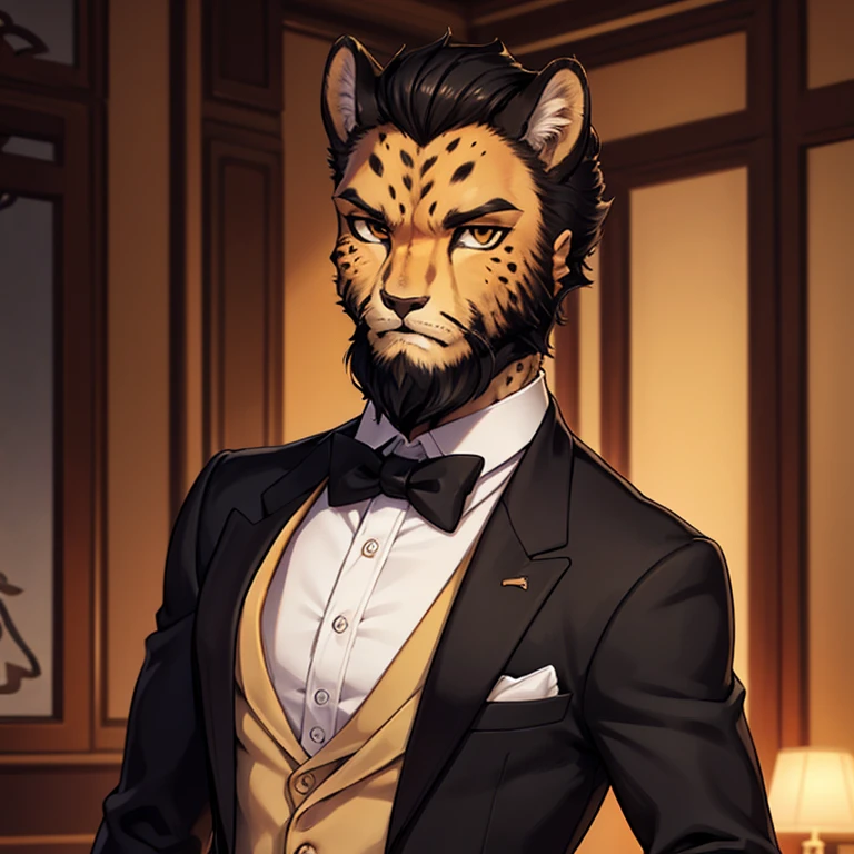 Cheetah-human, cheetah head, cheetah face, male, short hair, black hair, formal clothes, antro, solo, non-human, hair, beard, jojo pose.