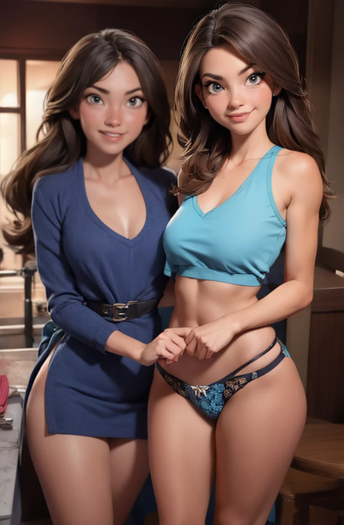 2 girls, (danielle) grinning at the viewer and wearing blue top and blue highleg panties, other woman behind wearing dress and holding pair of handcuffs in hand, sinister grin on other woman's face. 