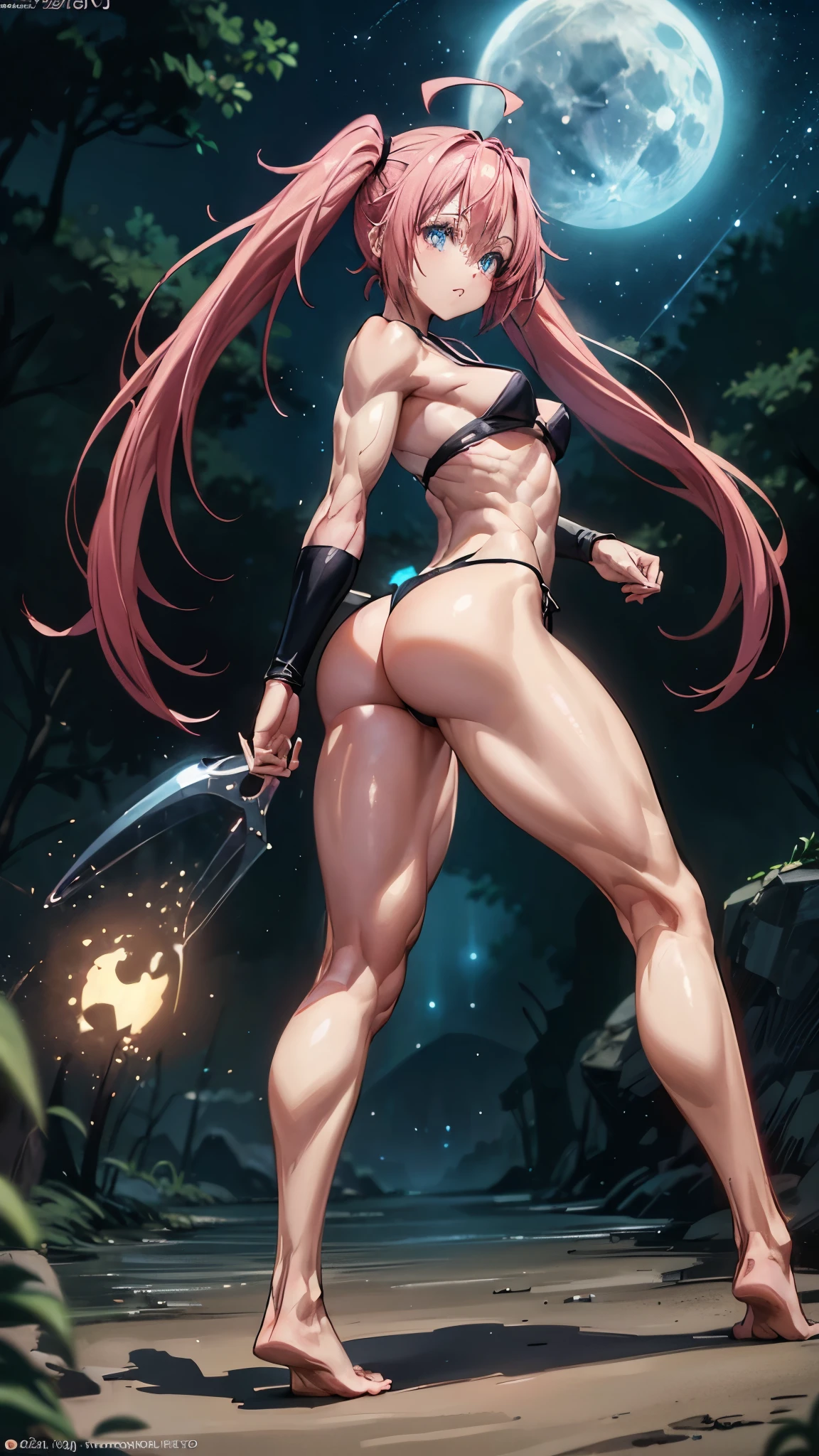1 girl, (medium breasts))), (((a very short, transparent lingerie and thong))), (long pink hair), (((blue eyes))), Thin arms, (on the beach at night with starry sky and full moon blood), (slim waist), (((muscular legs))), muscular belly, barefoot, (((showing her big ass to me))), (full body photo), (twintails), (bad mood), long eyes, eye glow, anime, anime style, ray tracing, glow, drop shadow, Panorama, Sony FE, 8k, UDisk, artwork, accurate, anatomically correct, super detail, best quality, Ultra high resolution, hard disk, 16k