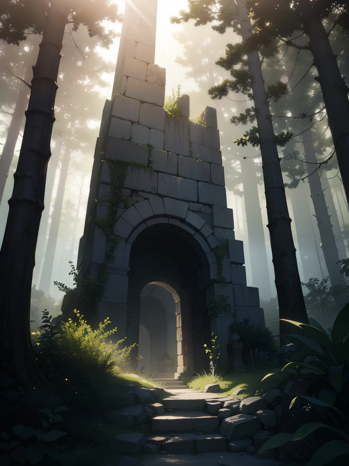 high quality, award winning, highres, 8k - An illustration of a dense, enchanted forest with shafts of light filtering through the canopy, highlighting mysterious shadows and whispering trees. In the center, a hidden portal emits a faint glow, partially obscured by foliage.