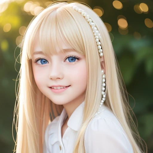 highest quality, masterpiece, ultra high resolution, (realistic:1.4), RAW photo, ((Super long silky bright pearl blonde hair))、Pretty bright marine blue eyes、 adorable beautiful girl、cute face、long bangs between the eyes,、white and beautiful skin、glowing skin、gross face、cheek gloss、small face beauty、Big eyes、bright look、((Very happy smile))、blush