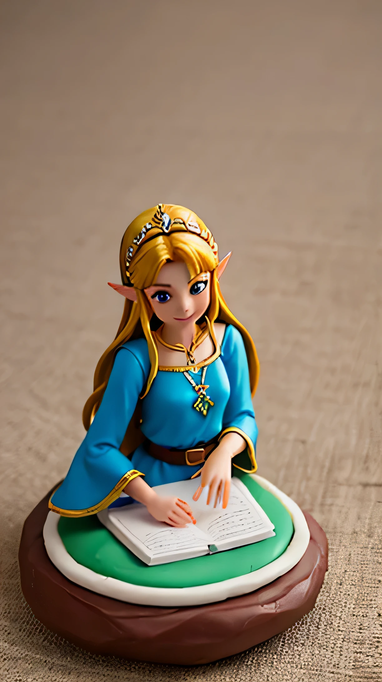 escultura em oil clay em uma base em cima de uma mesa da princesa zelda vestindo um biquini de grife examinando uma espingarda