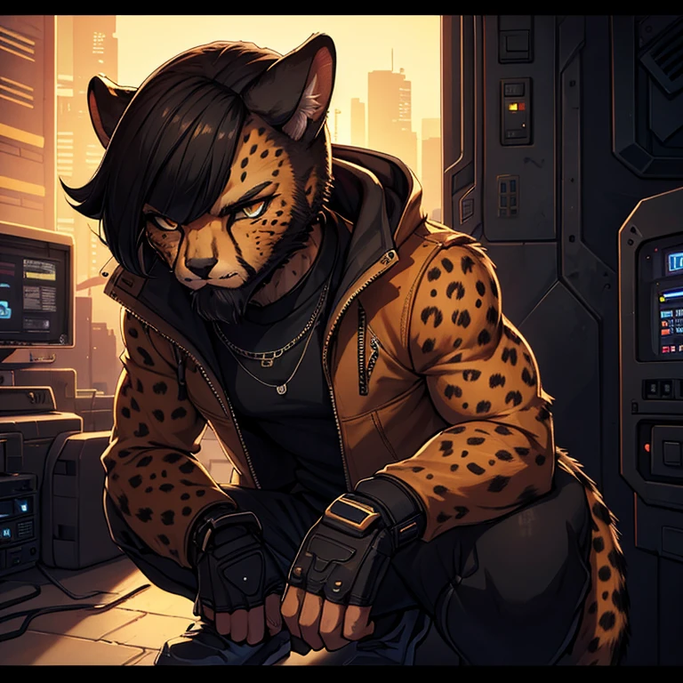 Cheetah-human, cheetah head, cheetah face, male, short hair, black hair, cyberpunk clothes, antro, solo, non-human, hair, beard, ciberpunk,