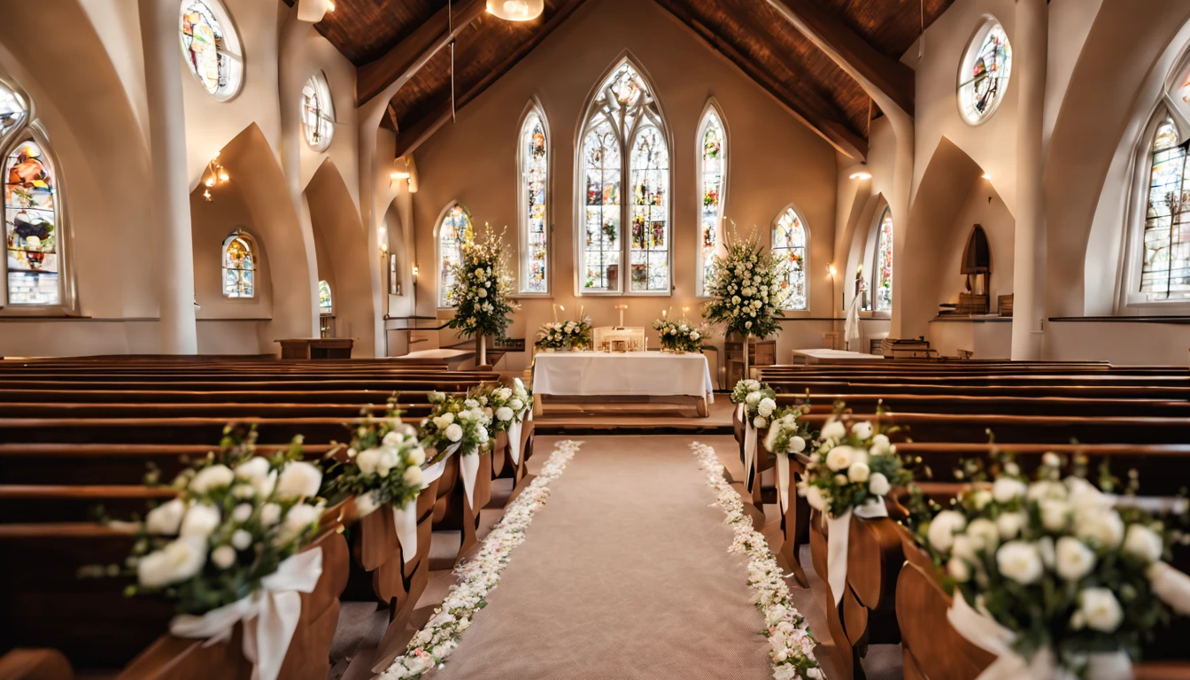 top quality, HD, church,wedding,nobody,warm light,Wooden chairs,glass window,a little white flower,intricate details, Feeling, 8k, Very detailed