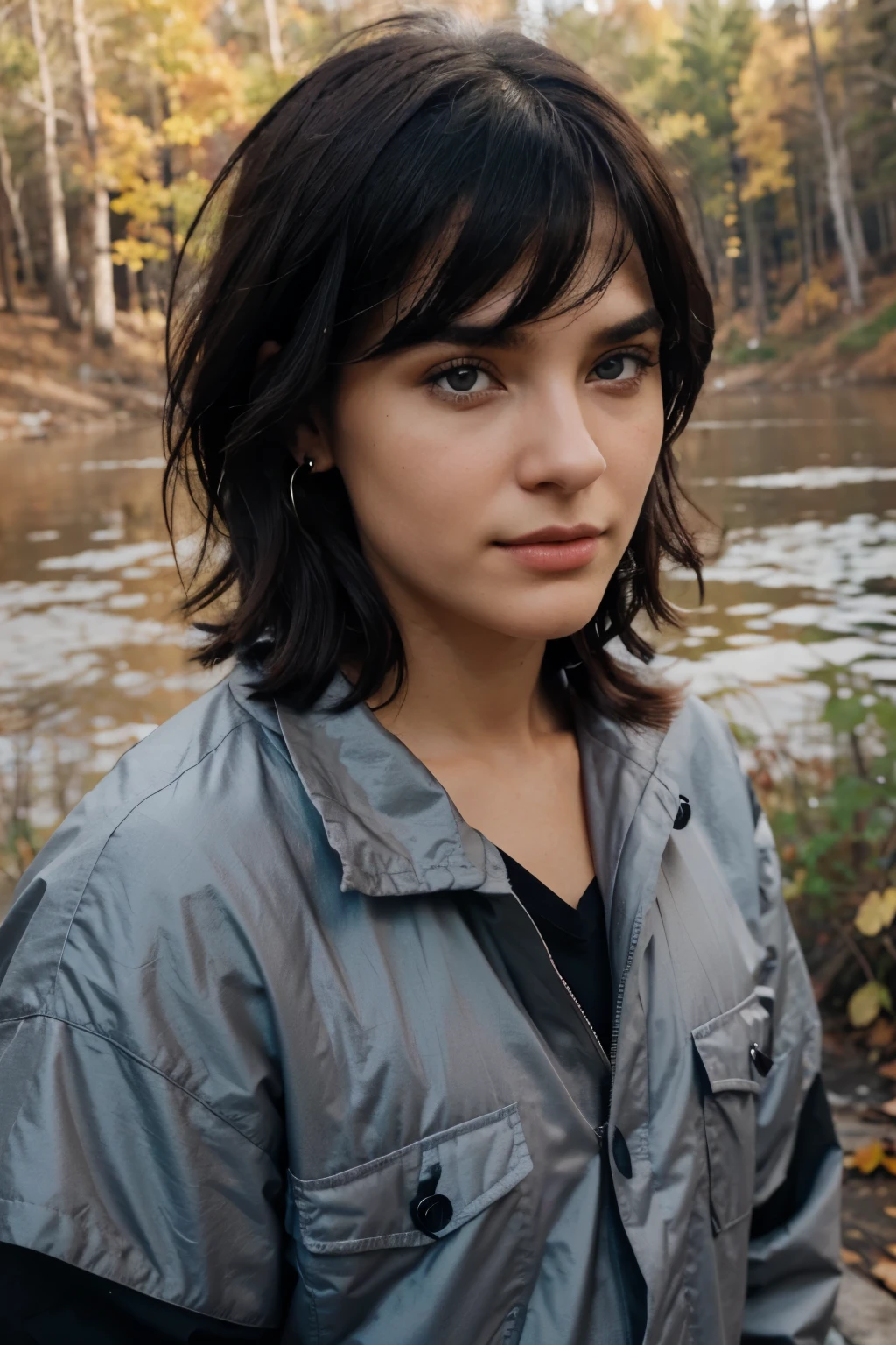 young, courageous мужчина, adult, Black hair , Bang, tousled hair, Nice, Gentle, thin face, courageous, courageous face, lean, grey-blue eyes, eyes outlined with black eyeliner, earring in lip, background (nature, autumn, the forest, lake, camp fire), serious expression (not smiling), Oversized clothes, European appearance, Dane