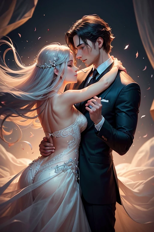 In the moonlit garden, a man and a woman surrender to the enchantment of dance. The man, exuding strength and elegance, is dressed in a tailored midnight blue suit, his tie gently swaying with each graceful movement. His hands, warm and tender, hold the woman securely yet gently, guiding her across the floor.

The woman, a vision of ethereal beauty, wears a flowing gown adorned with delicate lace that cascades around her like a soft summer breeze. Her hair, cascading in loose waves, frames a face illuminated by a radiant smile. Her fingertips, like delicate petals, rest gracefully in his hands, placing her trust and heart in his care.

As they glide across the dance floor, their bodies move as one, their steps synchronized with the rhythm of their beating hearts. Their eyes, locked in an intimate gaze, speak a language known only to them, a language of passion and devotion. In their embrace, they find solace and connection, a sanctuary where time stands still.

With every twist and turn, their energy intertwines, creating a whirlwind of emotion. Their bodies intertwine in a symphony of fluid motion, their movements a reflection of their deep affection. Their dance is a celebration of their love, a visual portrayal of the fire that burns within their souls.

The air crackles with electricity as they spin and twirl, their bodies exuding a magnetic energy that captivates all who watch. They seem suspended in a moment of pure bliss, oblivious to the world around them, lost in the magic of their shared passion.

In this captivating image, the atmosphere is alive with the melody of their dance, the fragrance of blossoming flowers, and the soft glow of moonlight. It is a snapshot of a love story unfolding, a testament to the power of dance as a conduit for profound connection and unspoken emotions.