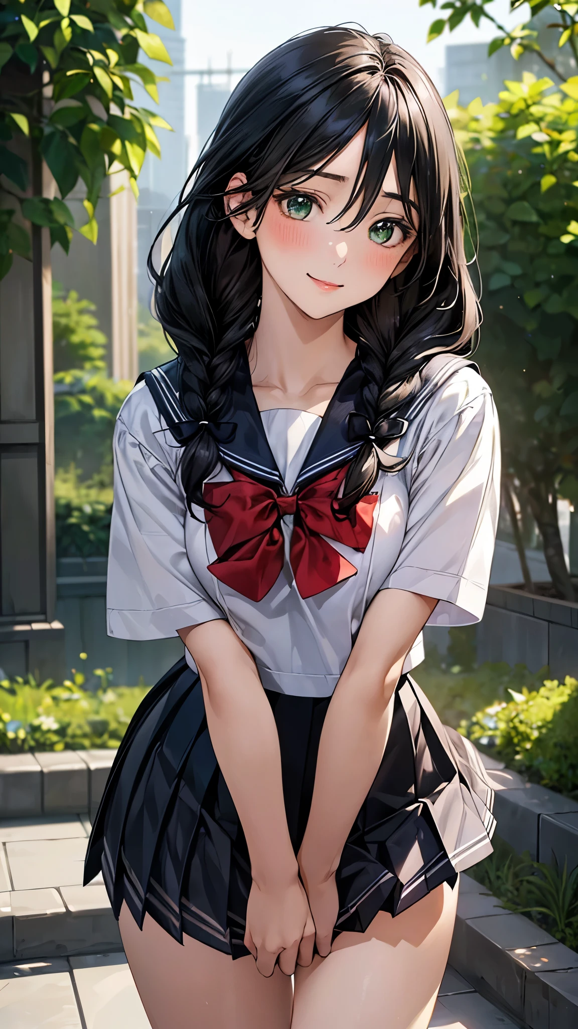 (masterpiece:1.2, top-quality), (realistic, photorealistic:1.4), beautiful illustration, (natural side lighting, movie lighting), nsfw,
looking at viewer, panty shot, front view:0.6, 1 girl, japanese, high school girl, perfect face, cute and symmetrical face, shiny skin,
(middle hair:1.4, twin braids:1.2, black hair), hair between eyes:1.5, hair over one eye:1.1, big eyes, emerald green eyes, drooping eyes, long eye lasher, (large breasts:0.6),
beautiful hair, beautiful face, beautiful detailed eyes, beautiful clavicle, beautiful body, beautiful chest, beautiful thighs, beautiful legs,
((symmetrical clothing, detailed cloth texture, short sleeves cute sailor suit, pleated skirt, red bow tie)), black socks, hair tie,
(beautiful scenery), morning, flower garden, walking, (lovely smile, upper eyes),